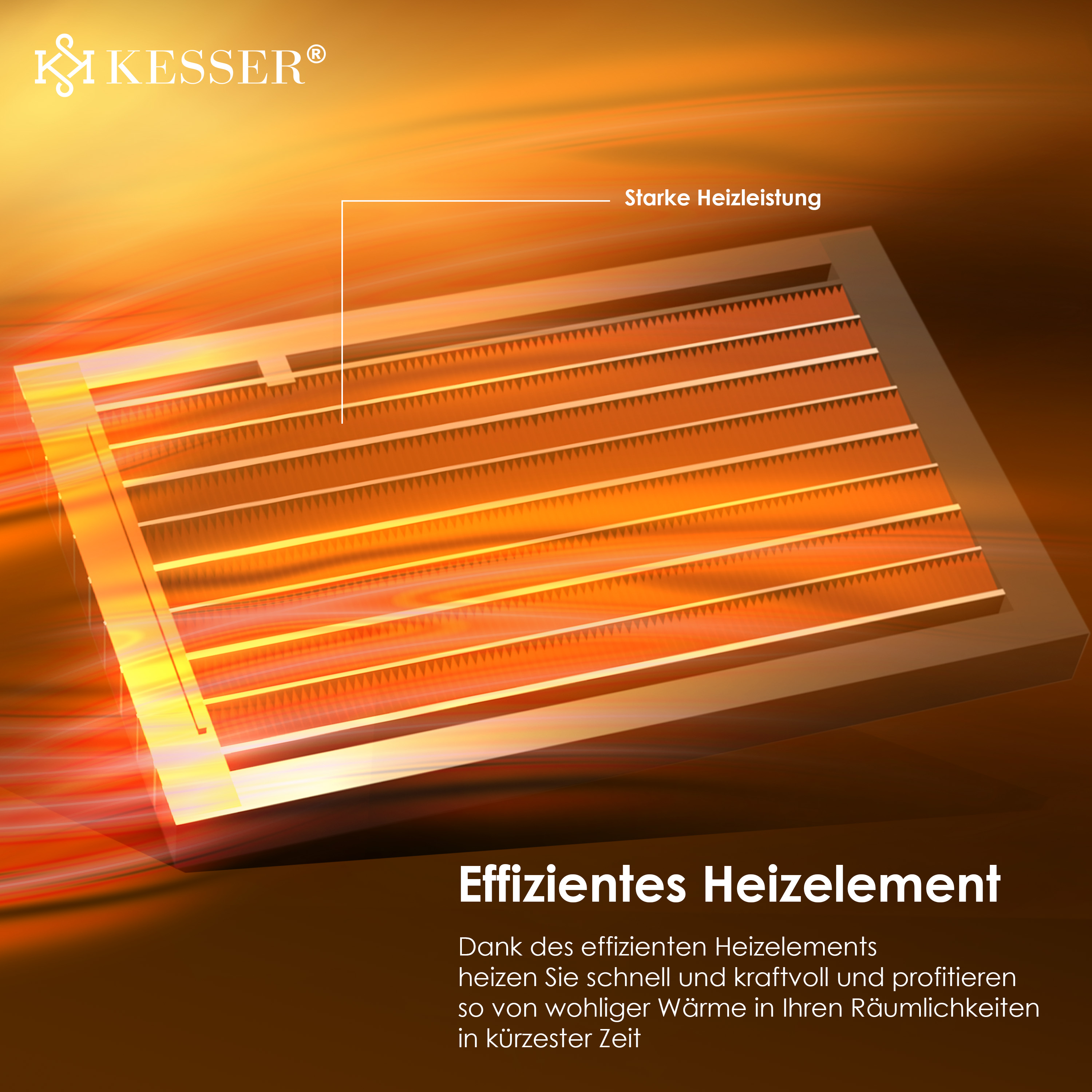 Ein Kesser Heizofen mit orangem Licht, der starke Heizleistung und ein effizientes Heizelement zeigt.
