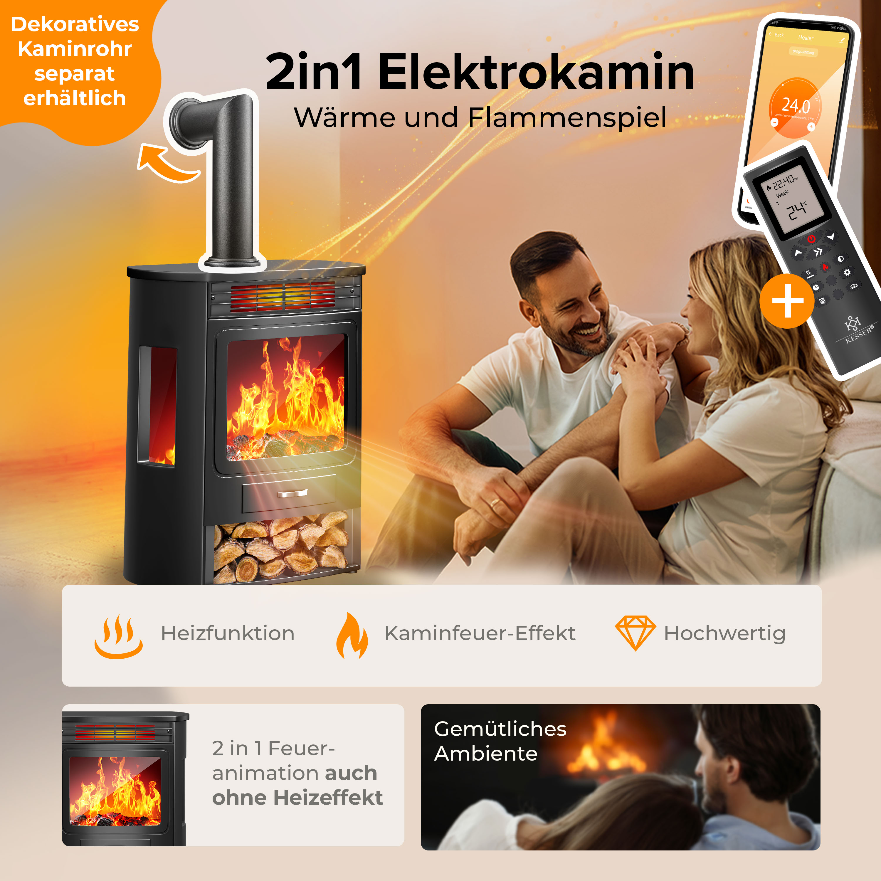 Ein Paar sitzt gemütlich vor einem modernen Elektrokamin mit Flammeneffekt und Heizfunktion.