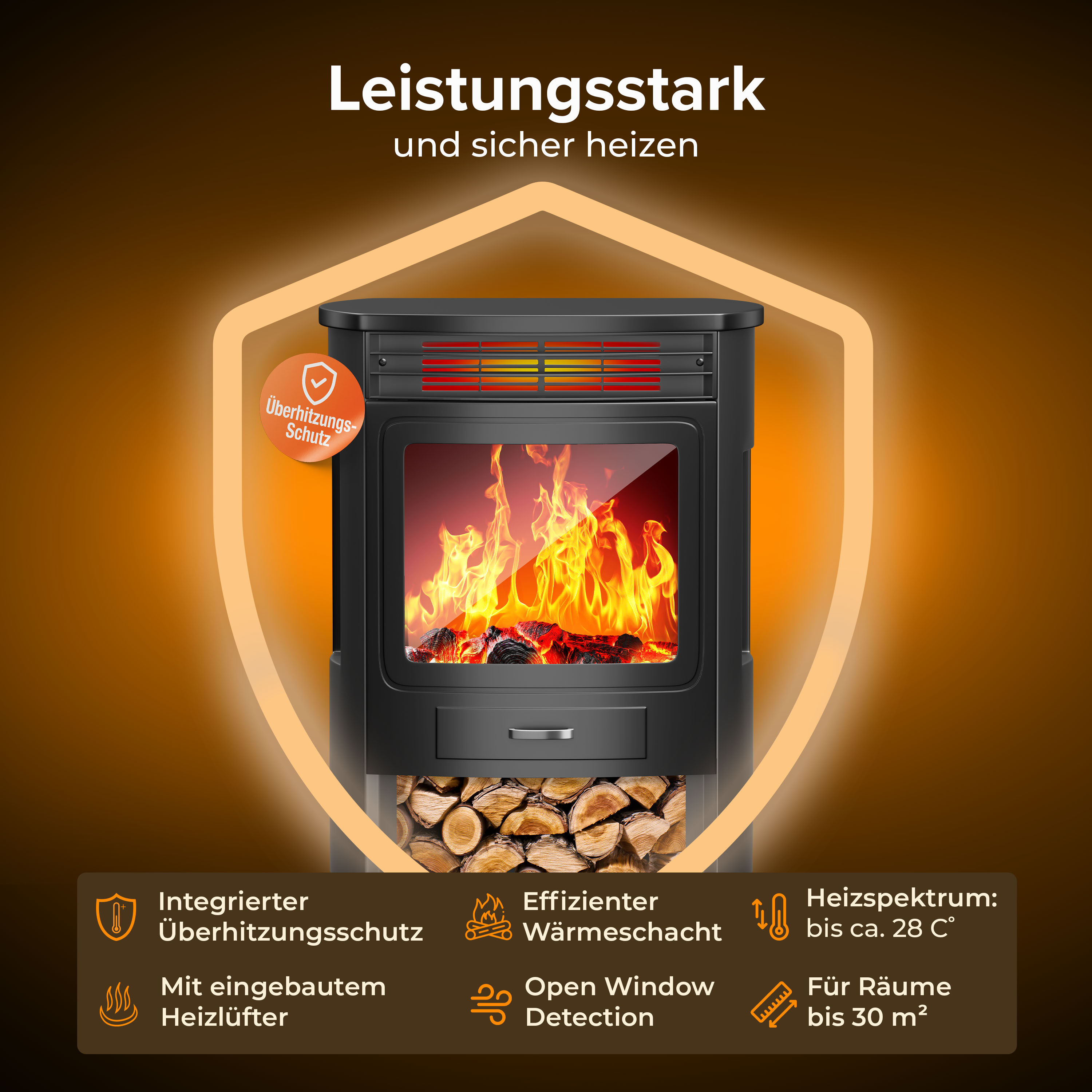 Schwarzer Kaminofen mit Flammen, Holzstapel unten und Schutzsymbolen in einem orangefarbenen Design.