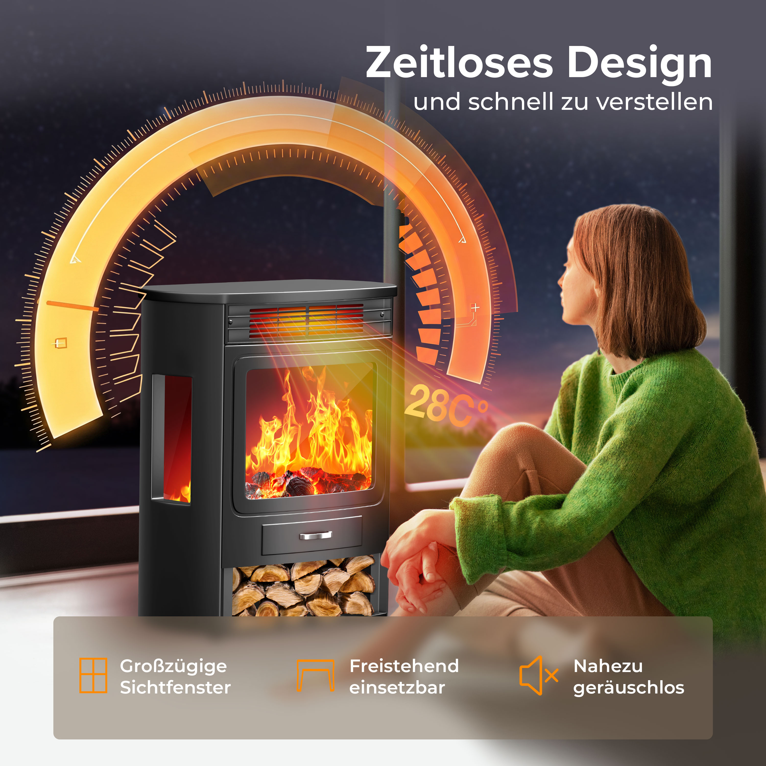 Eine Frau sitzt neben einem modernen Kamin mit LED-Flammen und Wärmeskala.