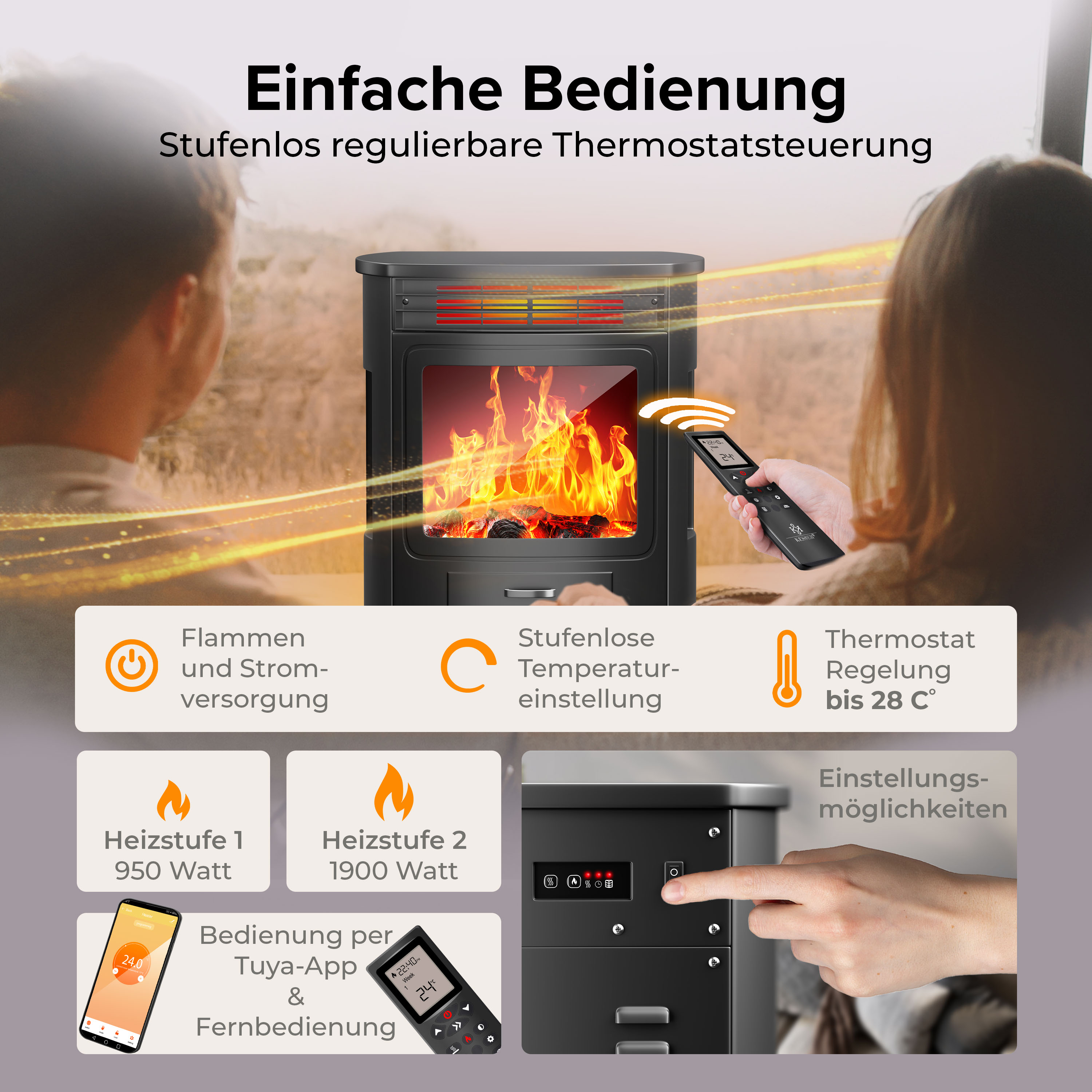 Ein elektrischer Kamin mit Fernbedienung und App-Steuerung, zwei Leistungsstufen und Thermostat.