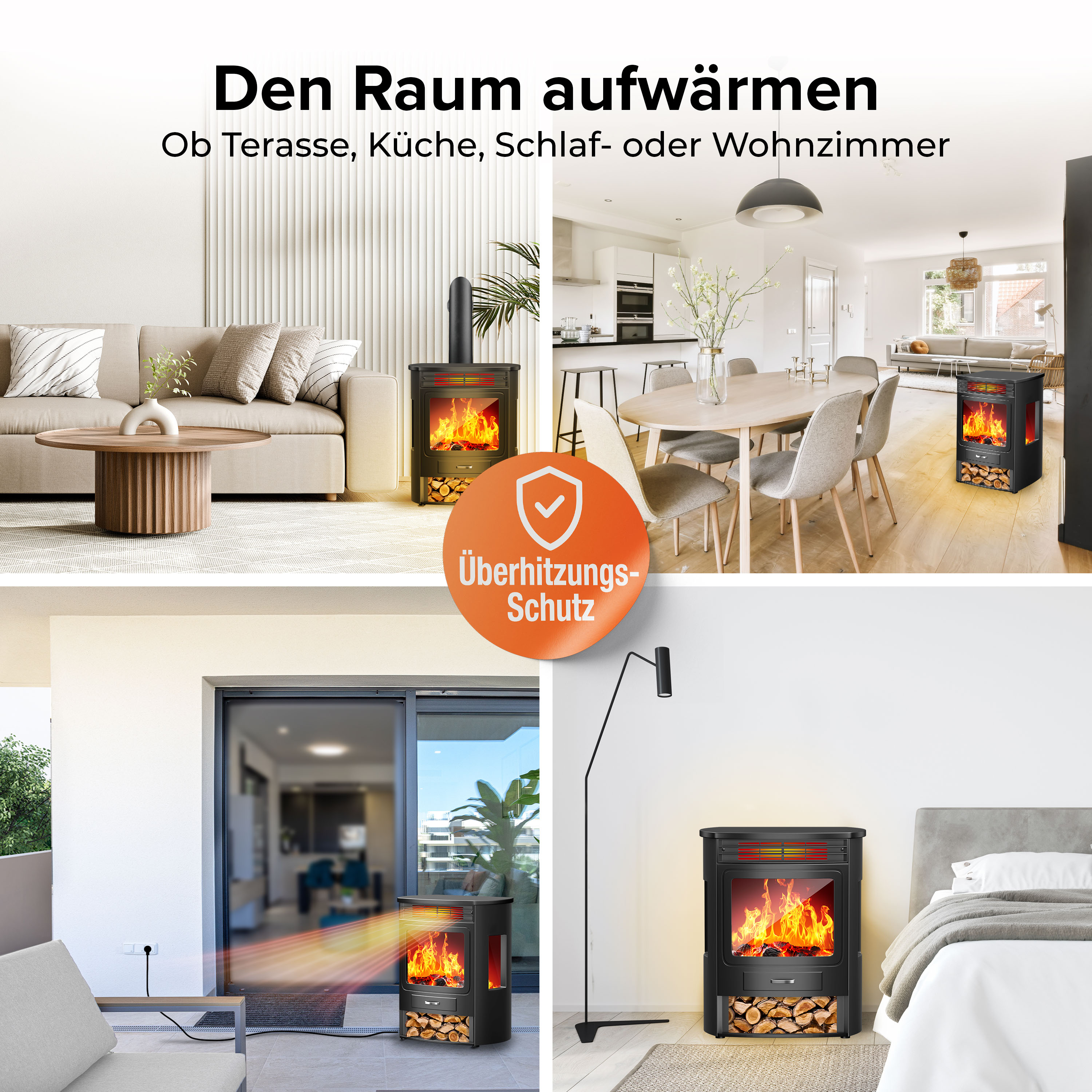 Vier Bilder zeigen einen schwarzen Kaminofen in verschiedenen Wohnräumen wie Wohnzimmer, Essbereich und Schlafzimmer.