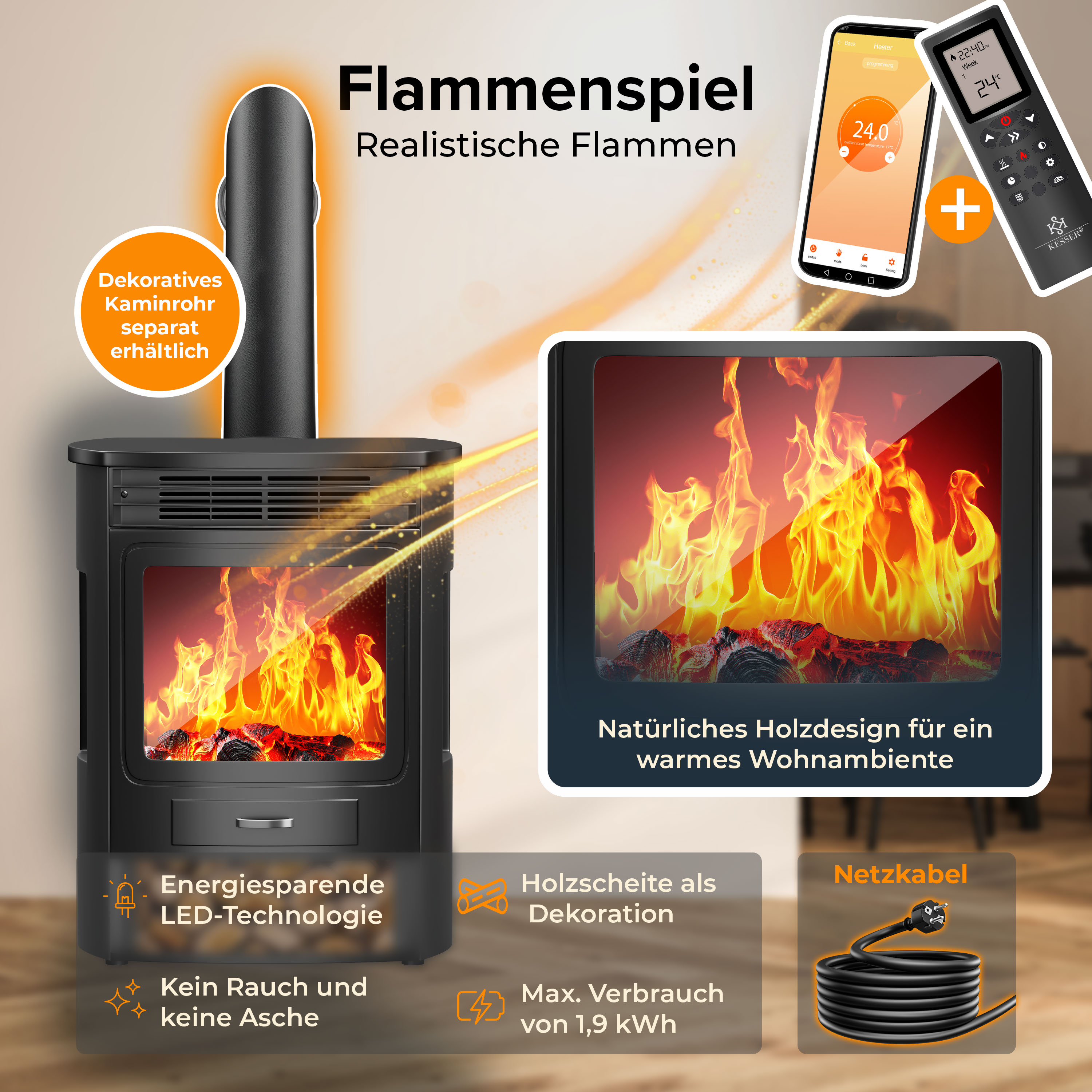 Elektrokamin mit LED-Flammen, App-Steuerung, Fernbedienung und Deko-Holz.
