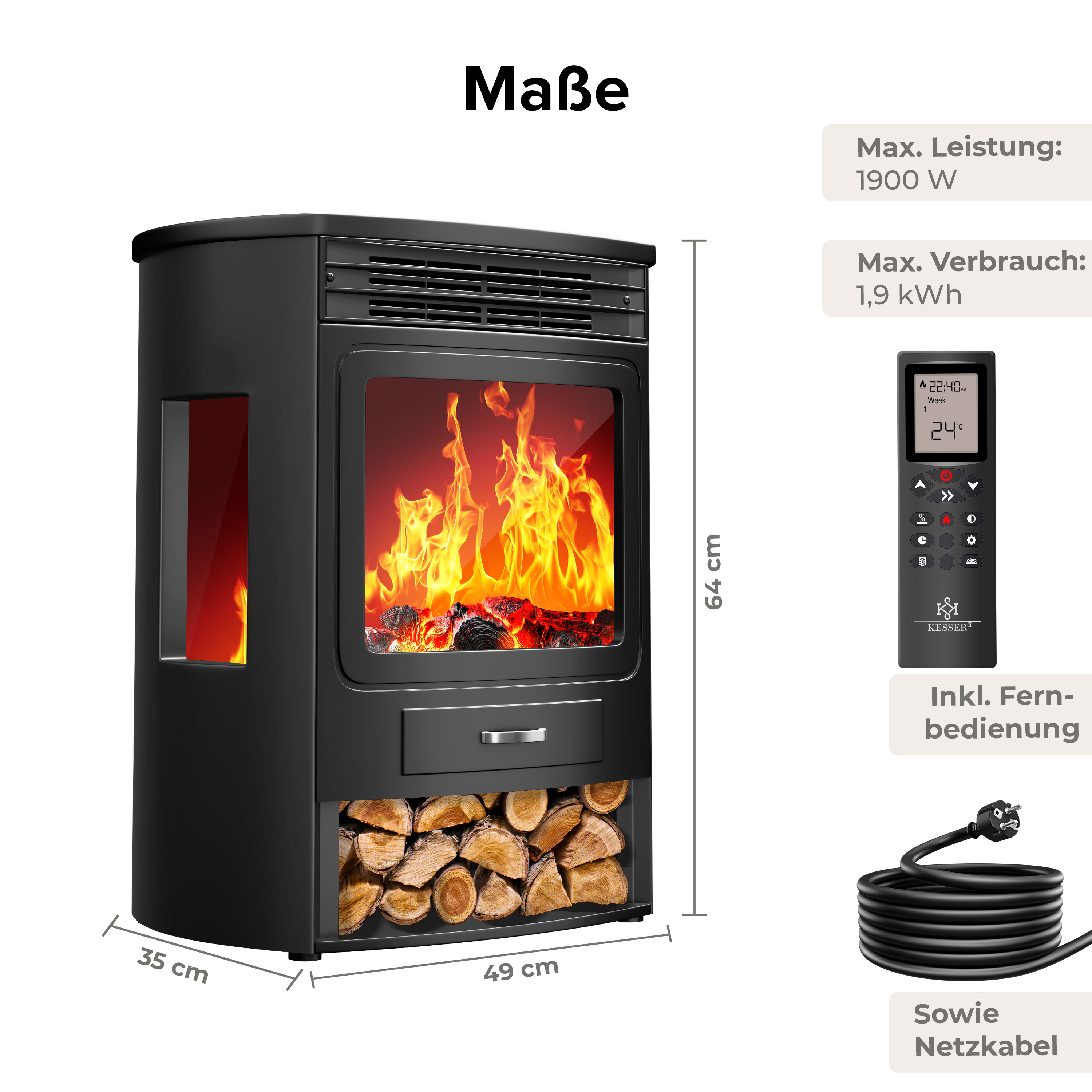 Schwarzer elektrischer Kamin mit Maßen, Fernbedienung, Kabel und Flammeneffekt.