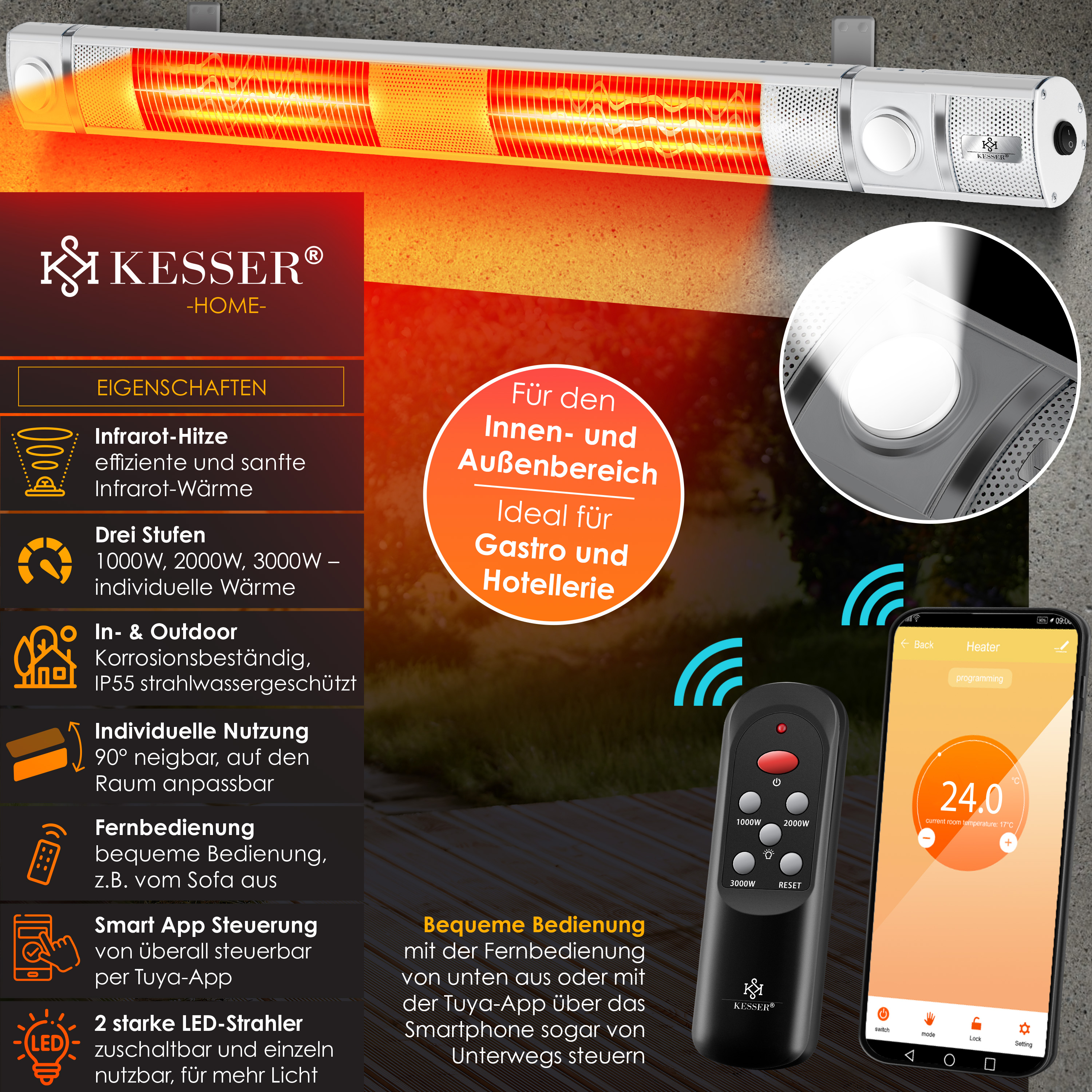 Kesser Infrarot-Heizstrahler mit Fernbedienung, App-Steuerung und Funktionen.