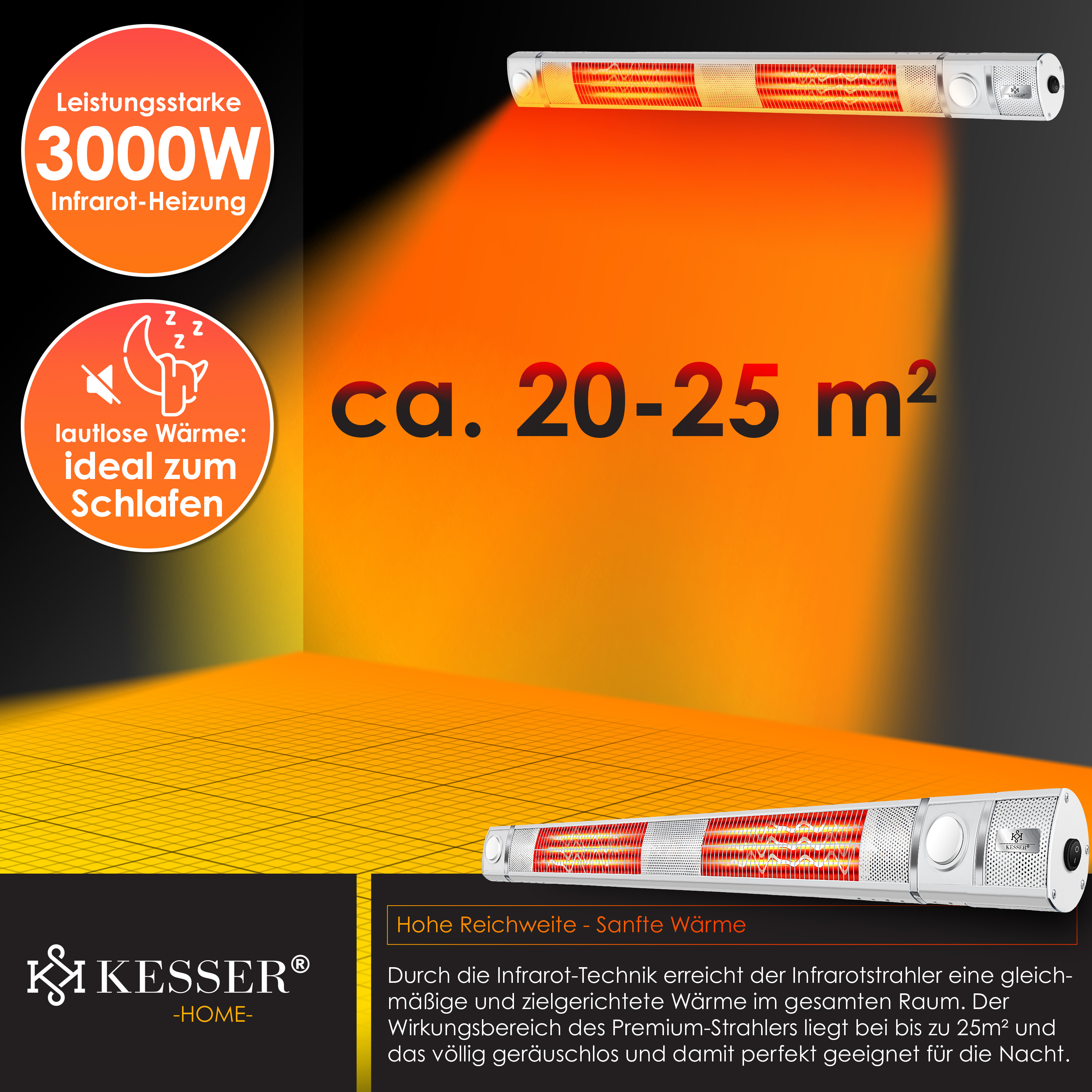 Ein 3000W Infrarot-Heizstrahler wirft orangerotes Licht auf eine Wand, ideal für Räume bis 25 Quadratmeter.
