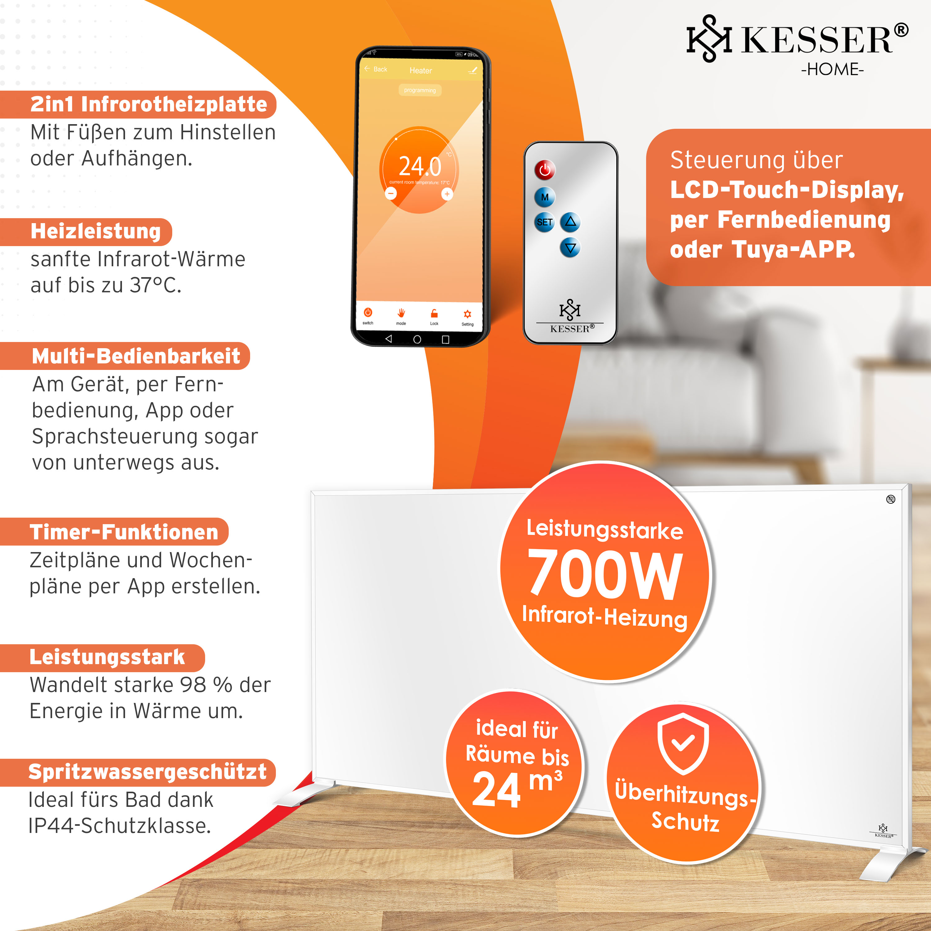 Kesser Infrarotheizung mit App-Steuerung, Fernbedienung und 700W Leistung.