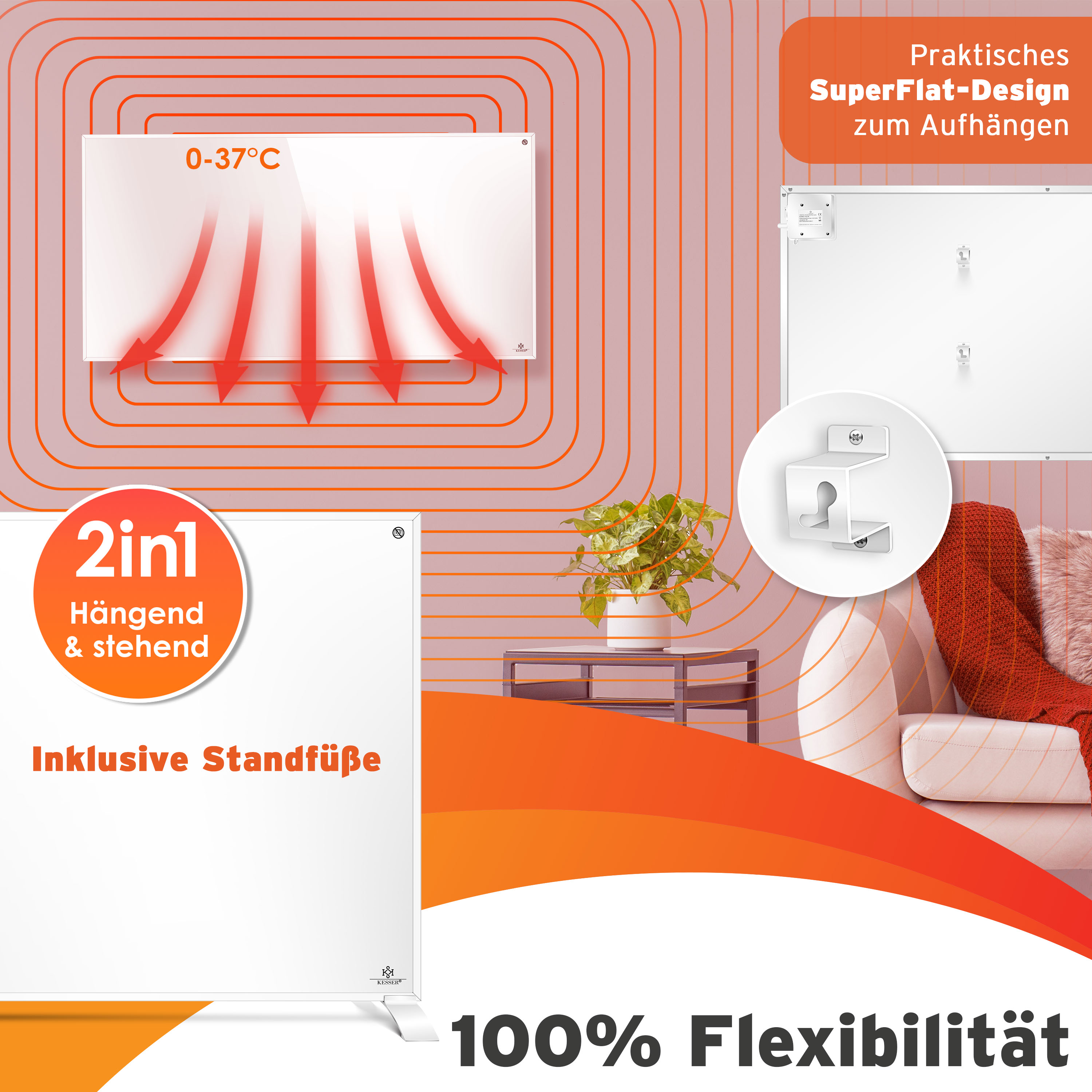 Flacher Infrarotheizkörper mit 2in1 Funktion zum Aufhängen oder Aufstellen in einem modernen Wohnzimmer.