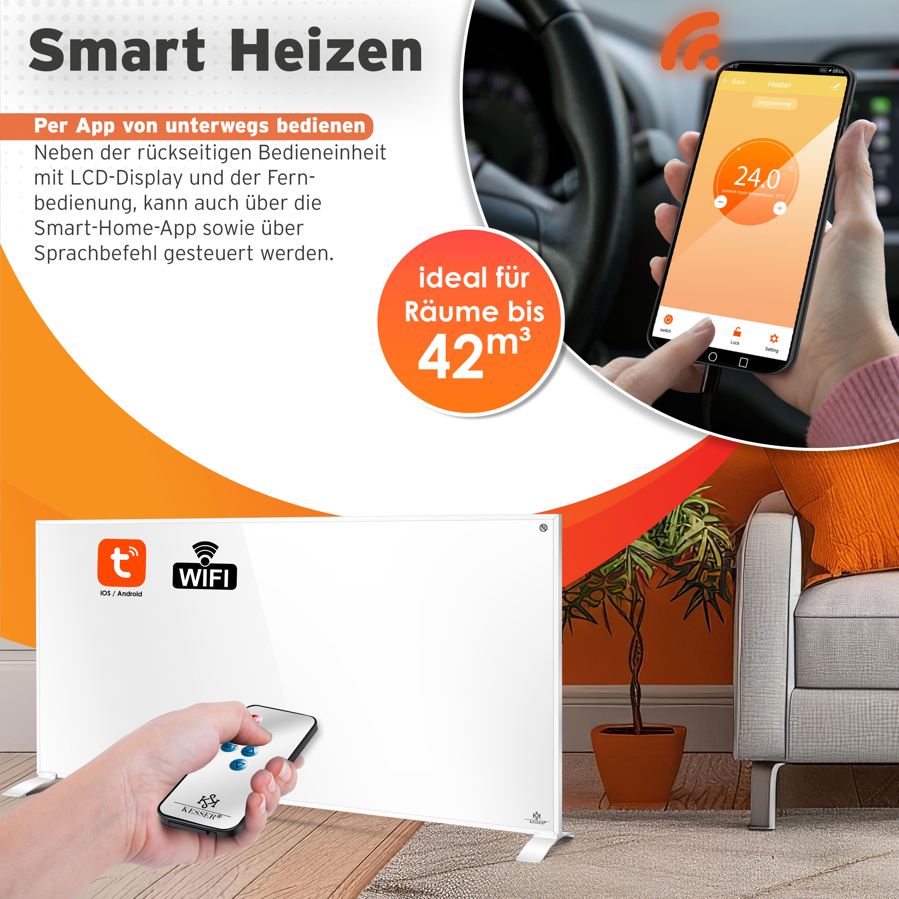 Ein weißer Smart-Heizkörper wird mit Fernbedienung und Smartphone-App gesteuert.