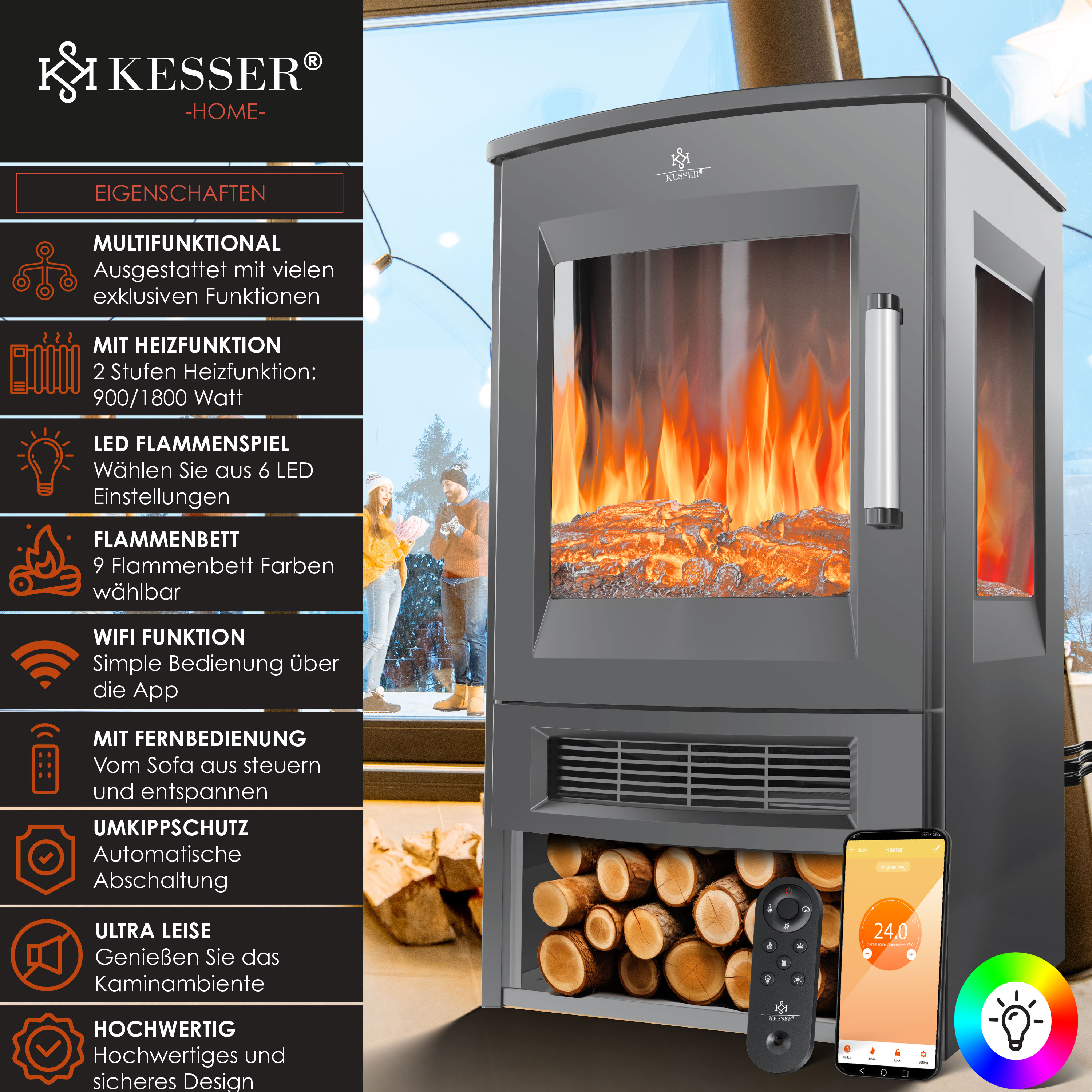 Ein schwarzer Kesser Elektrokamin mit LED-Flammen, Holzfach, Fernbedienung und Smartphone-App.