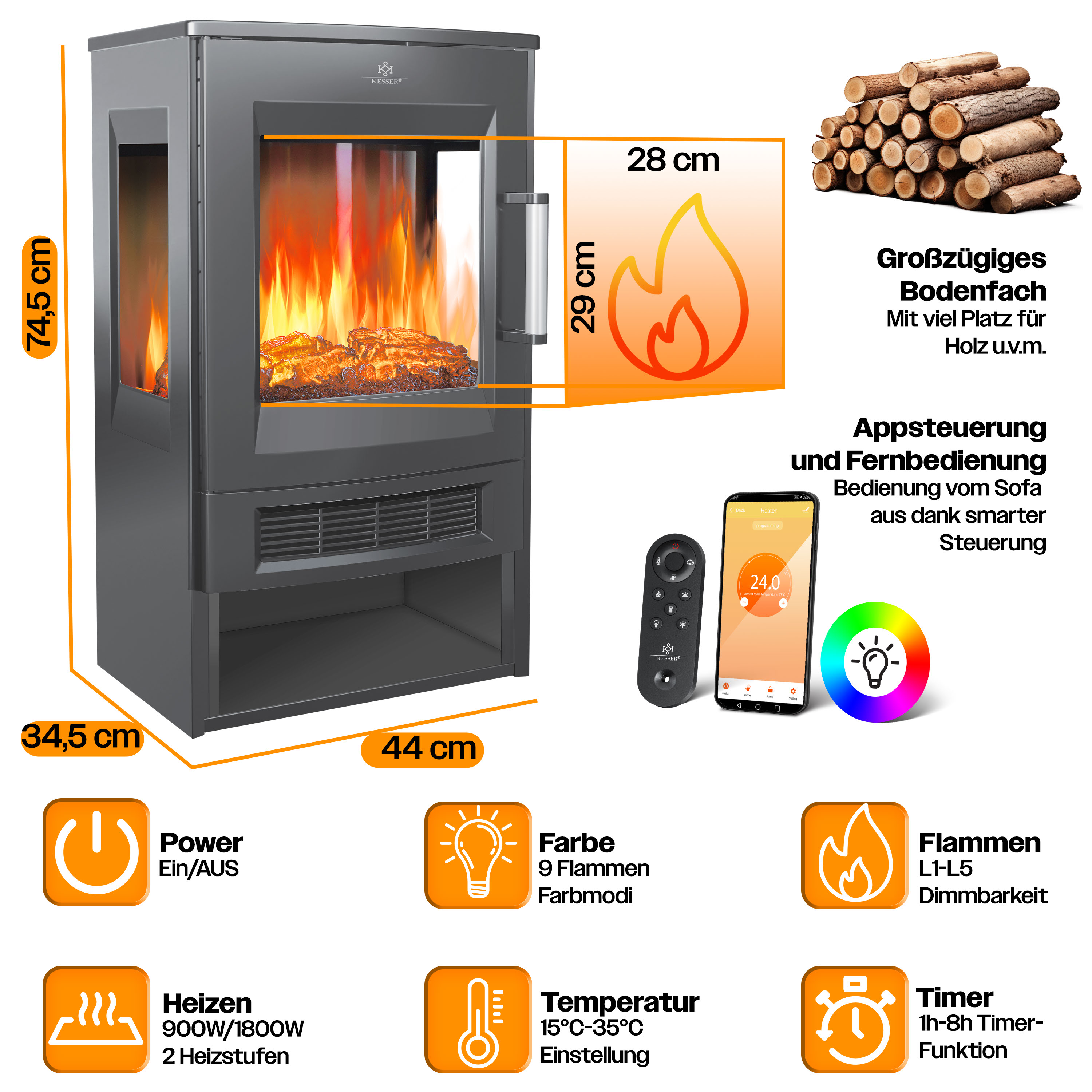 Schwarzer elektrischer Kamin mit Flammeneffekt, Maßen, Fernbedienung, App-Steuerung und Funktionssymbolen.