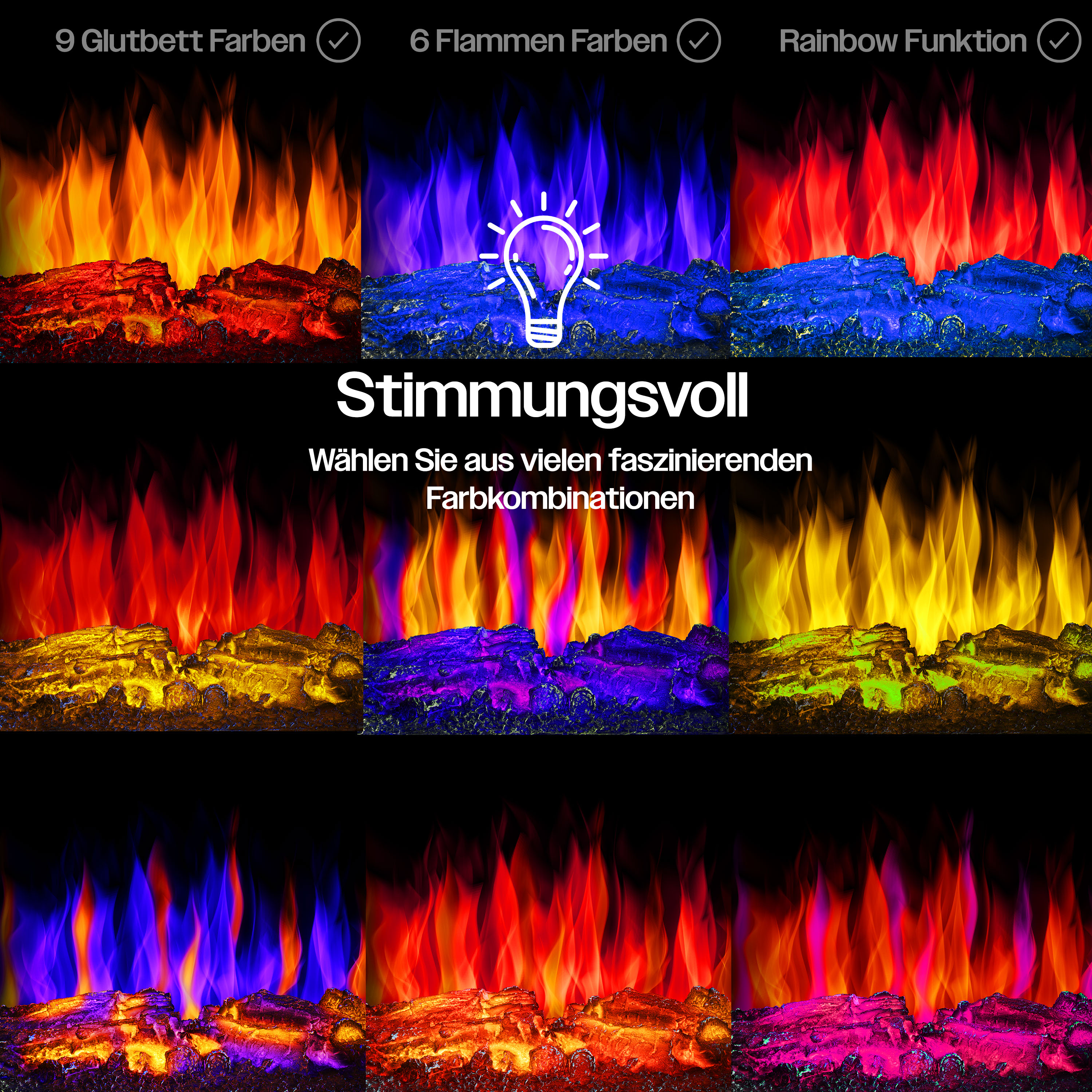 Verschiedene farbige Flammen- und Glutbett-Kombinationen eines elektrischen Kamins.