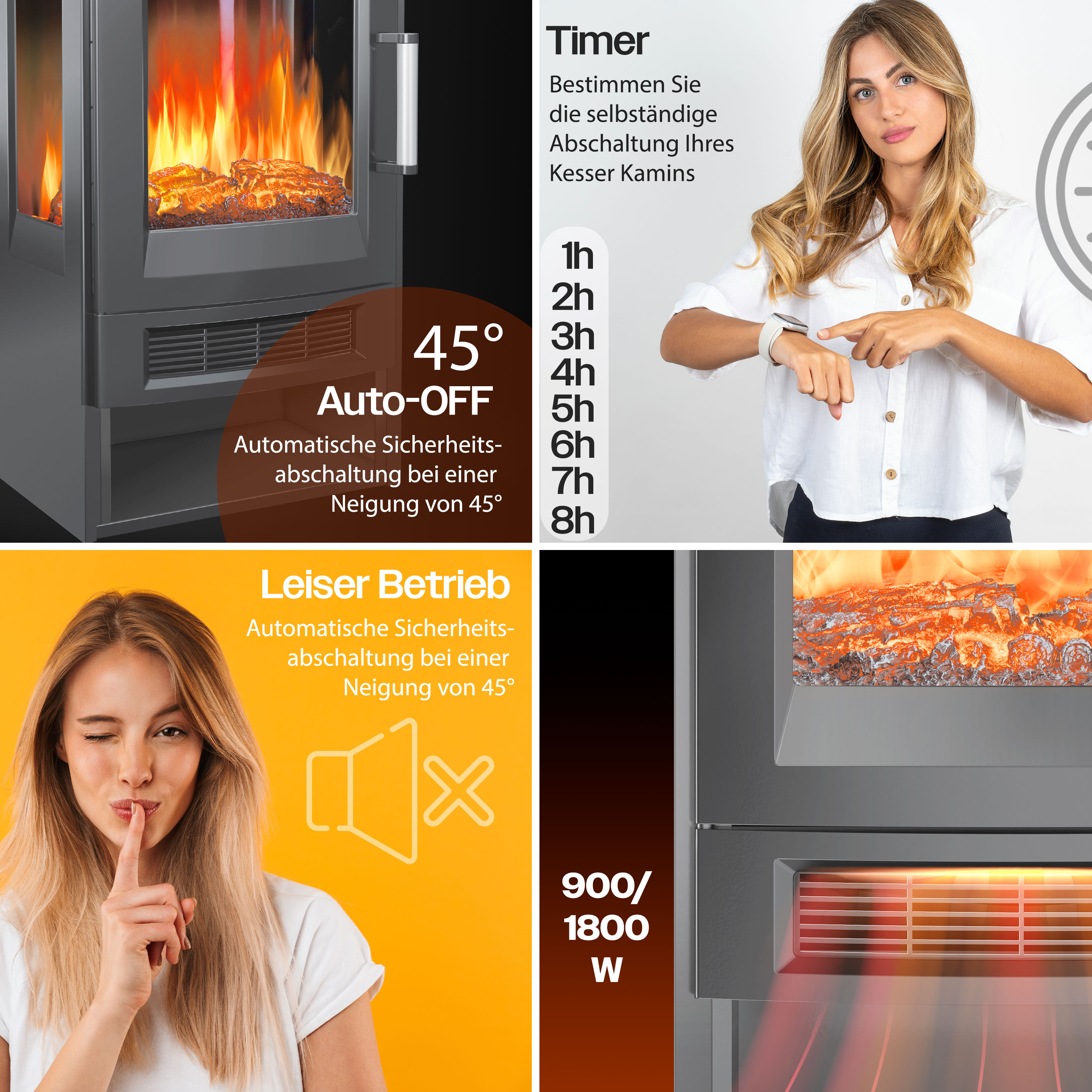 Kollage eines Elektrokamins mit Timer, Abschaltautomatik, leiser Betrieb und einstellbarer Leistung.