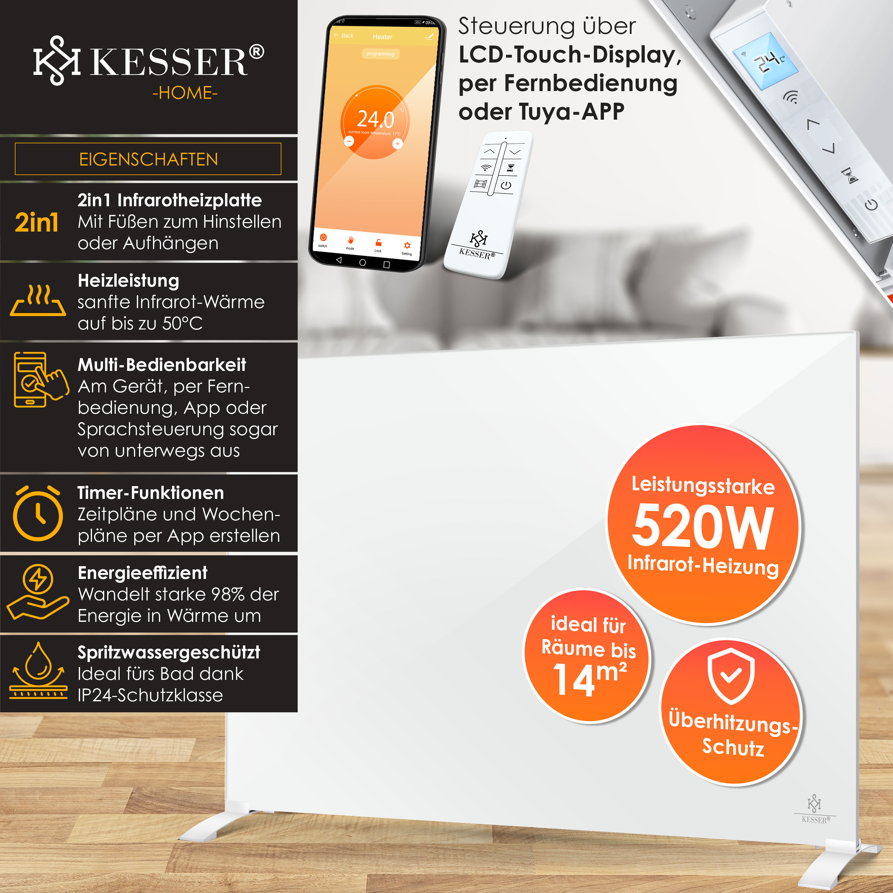Kesser Infrarotheizplatte 520W mit App, Fernbedienung und LCD-Display auf Holzfußboden.