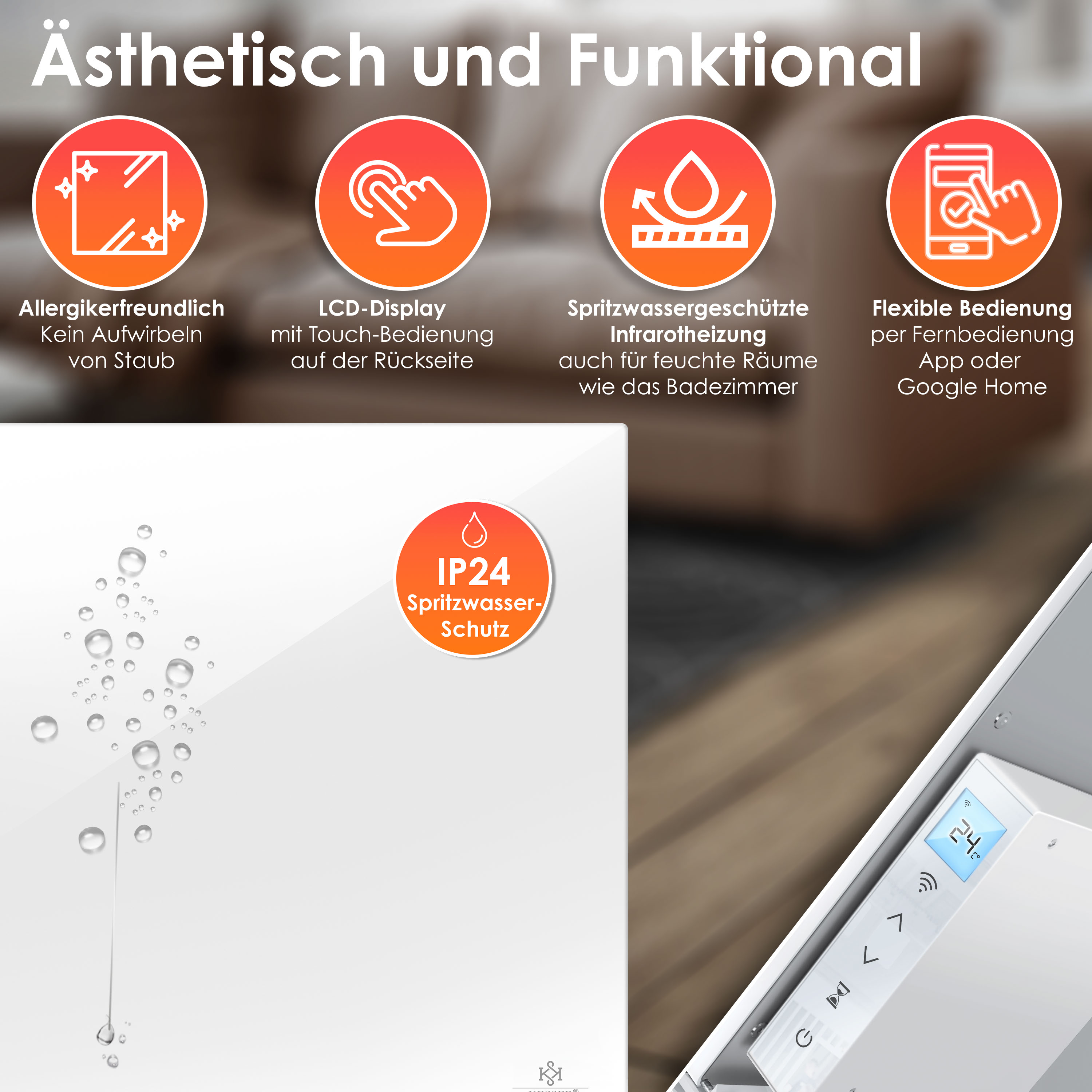 Infografik zeigt Merkmale einer weißen Heizung, wie allergikerfreundlich, LCD-Display und Spritzwasserschutz.