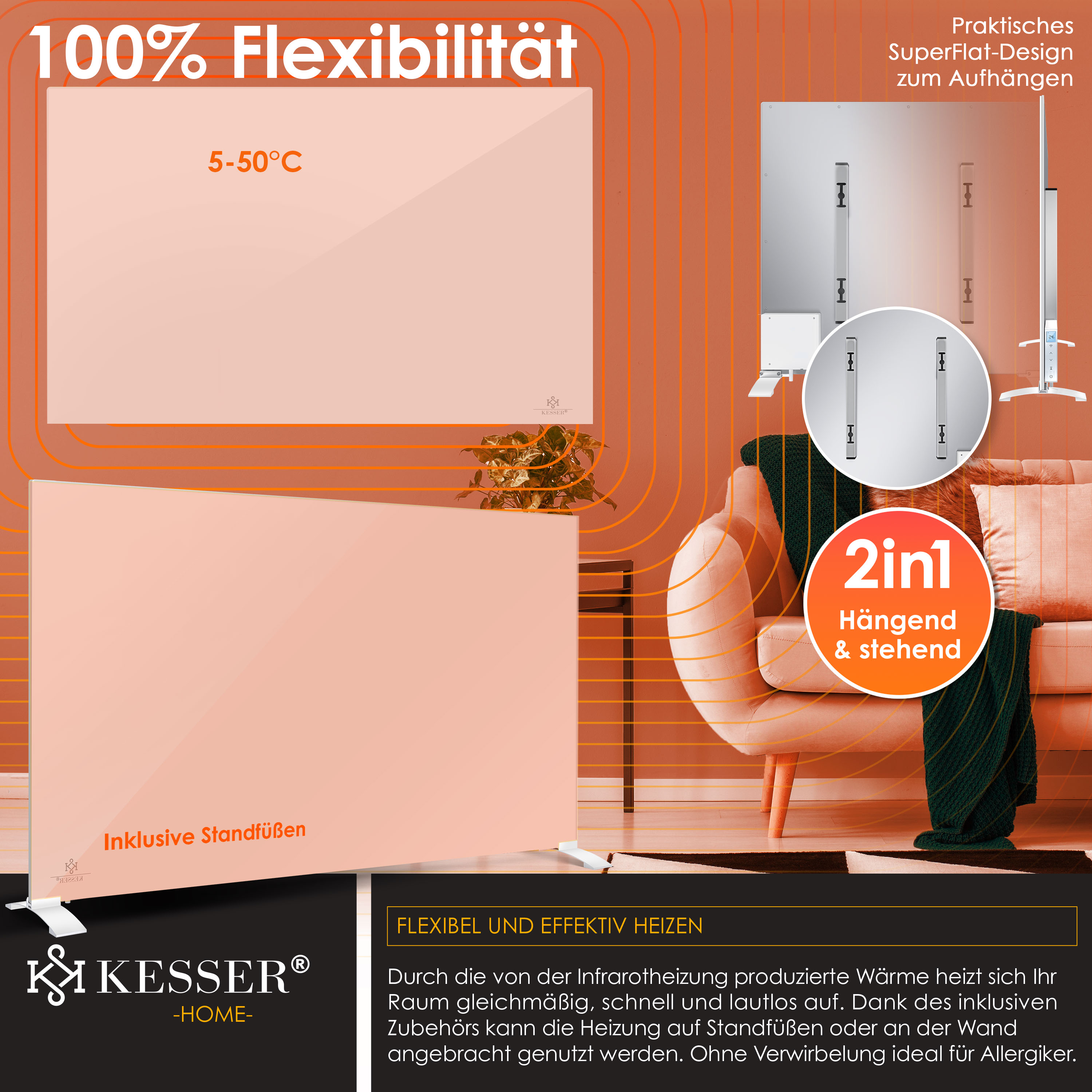 Flexible Infrarotheizung in Orange mit Standfüßen und Wandmontageoption, ideal für Allergiker.