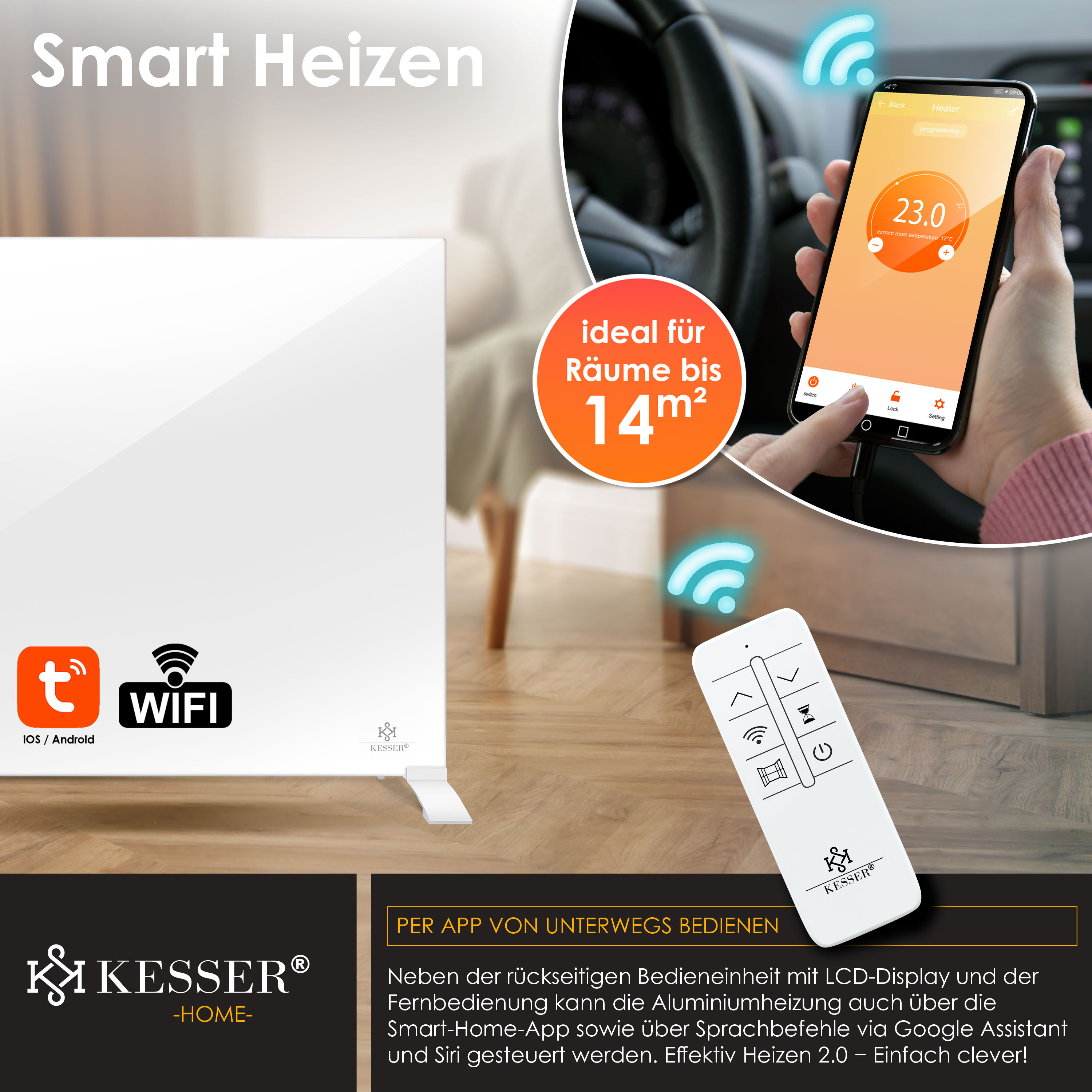 Intelligente Elektroheizung mit Fernbedienung, Smartphone-App und WLAN in einem modernen Zimmer.