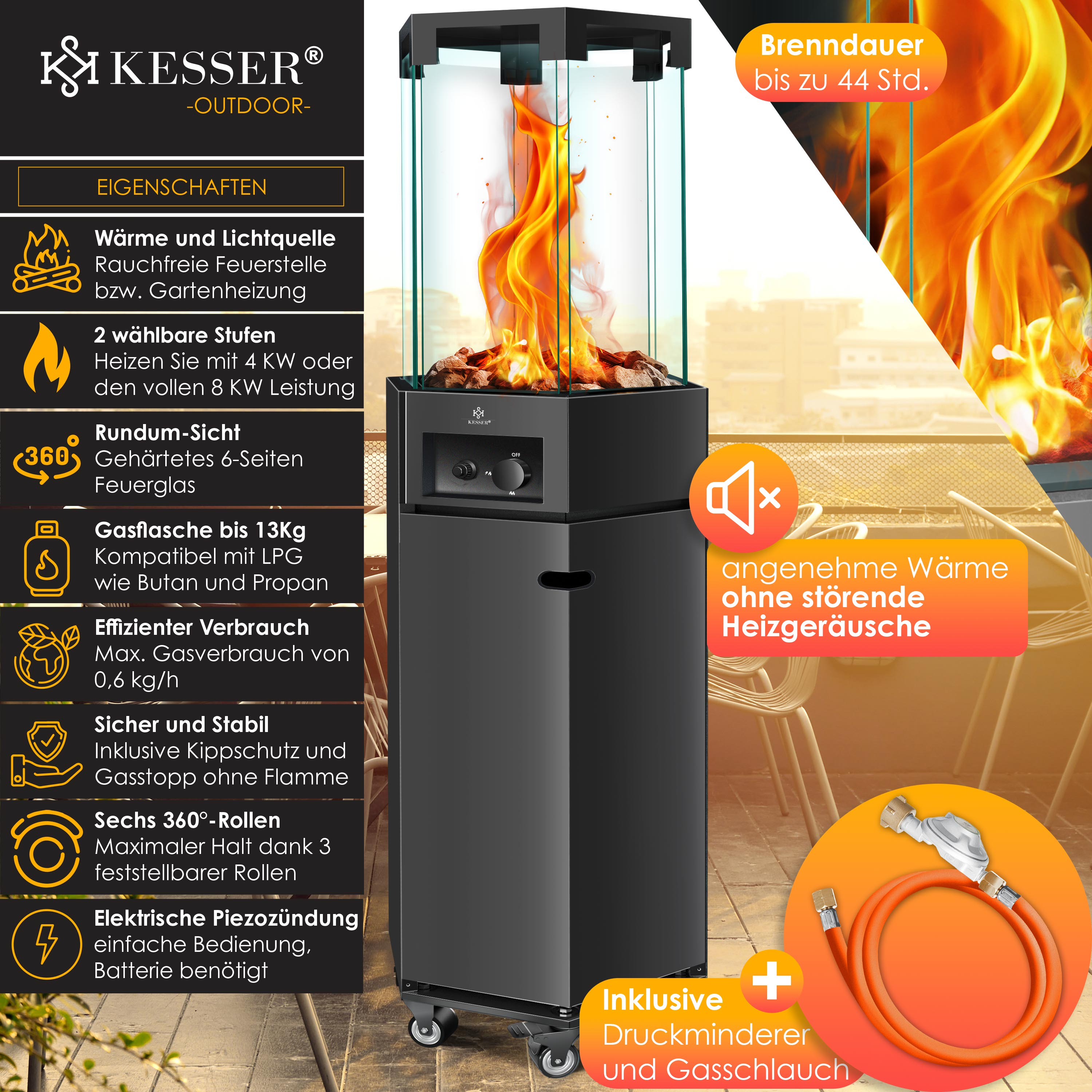 Kesser Kamin mit Flamme und Zubehör auf Plakat.