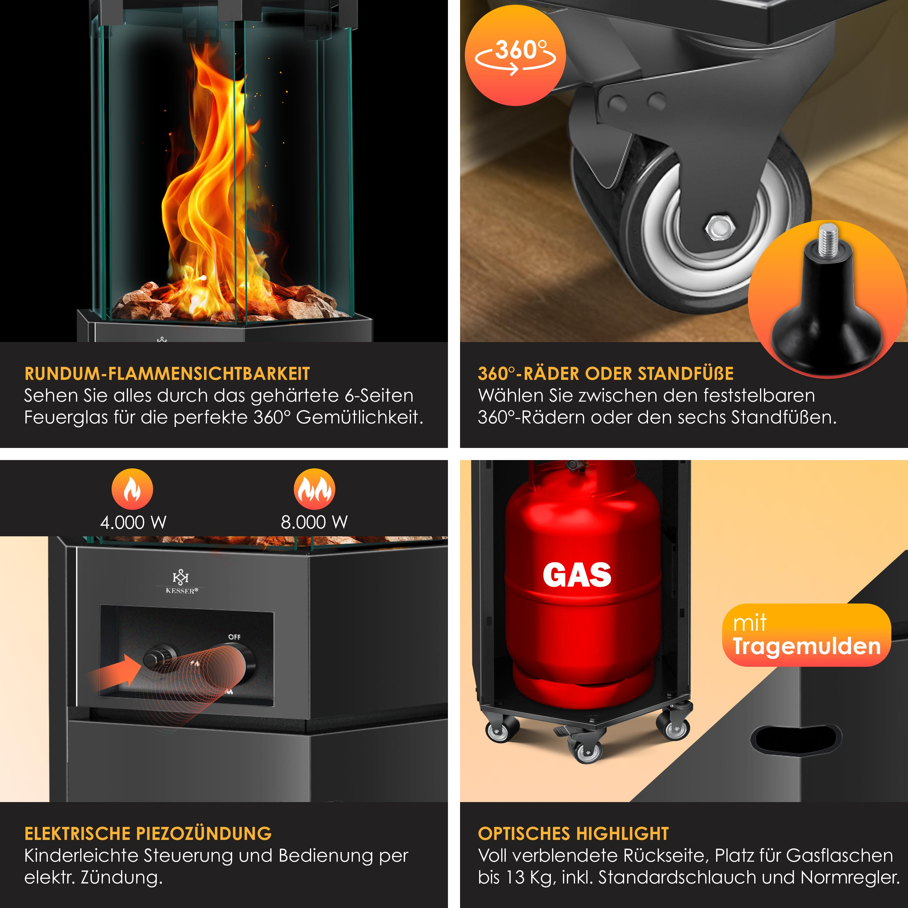 Produktmerkmale eines Gasheizers: Flamme, 360-Grad-Räder, Piezozündung und Gasflaschenhalter.