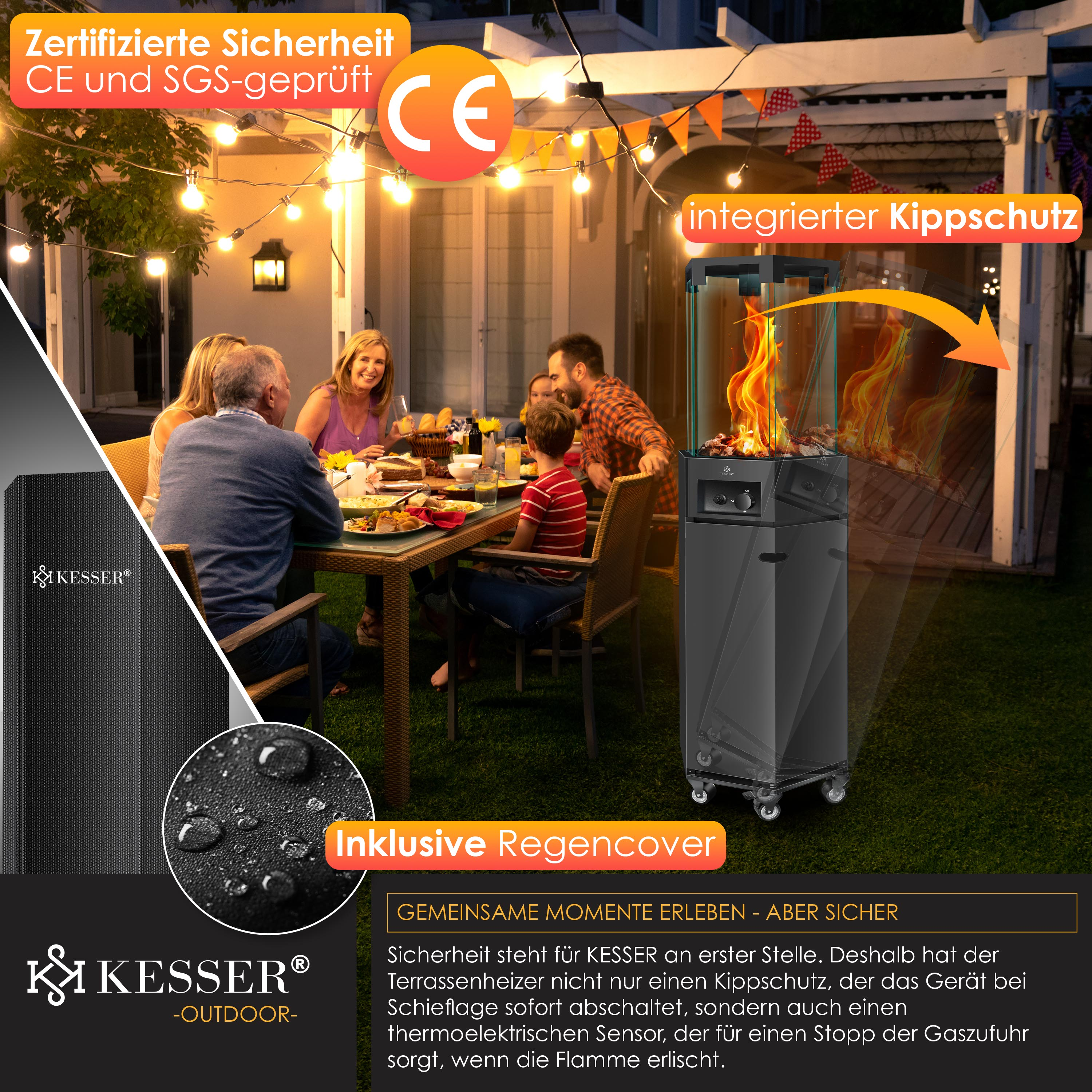 Familie am Gartentisch mit beleuchtetem Terrassenheizer im Vordergrund und Textoverlays.
