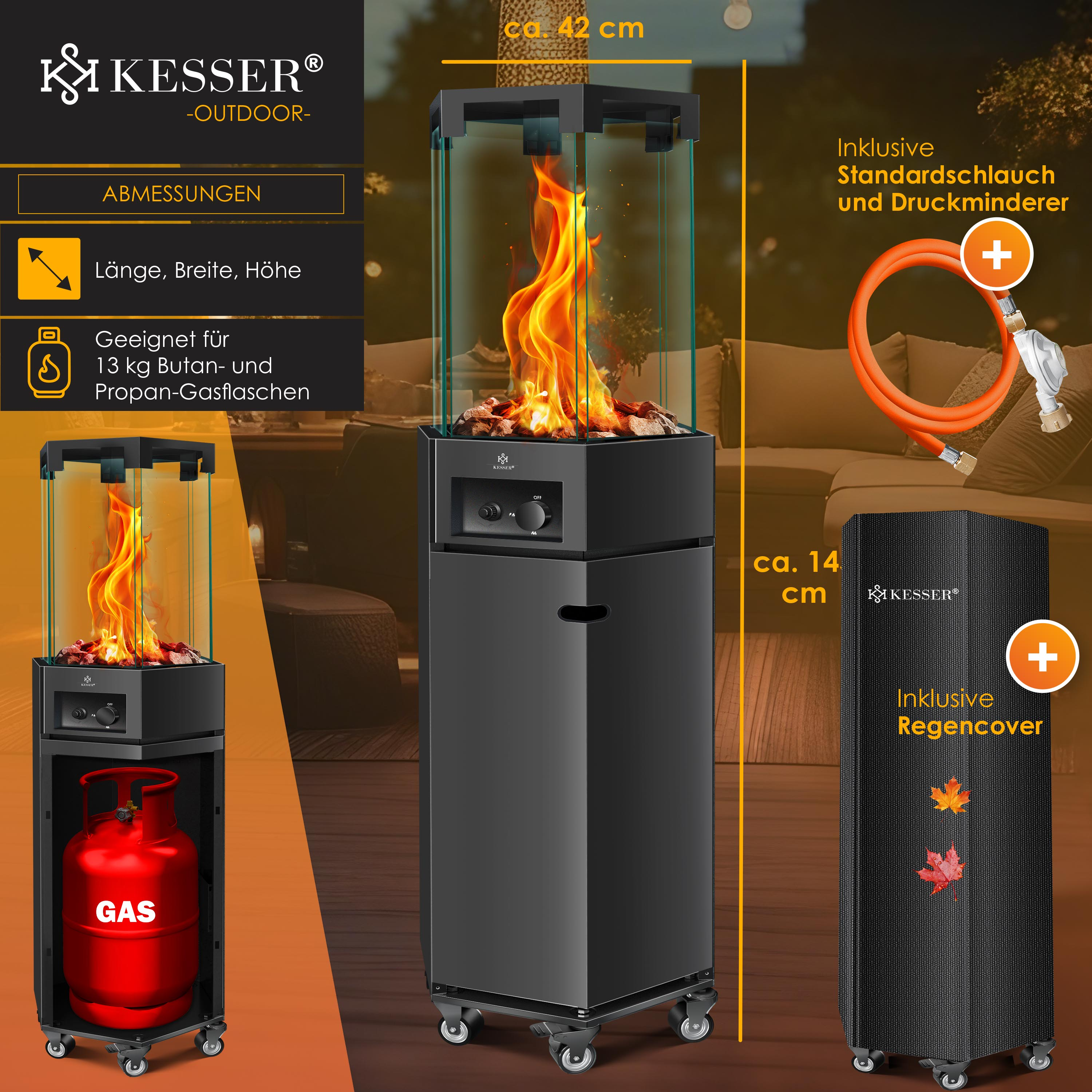 Schwarzer Kesser Outdoor-Heizstrahler mit brennender Flamme, Gasflasche, Schlauch und Abdeckhaube.