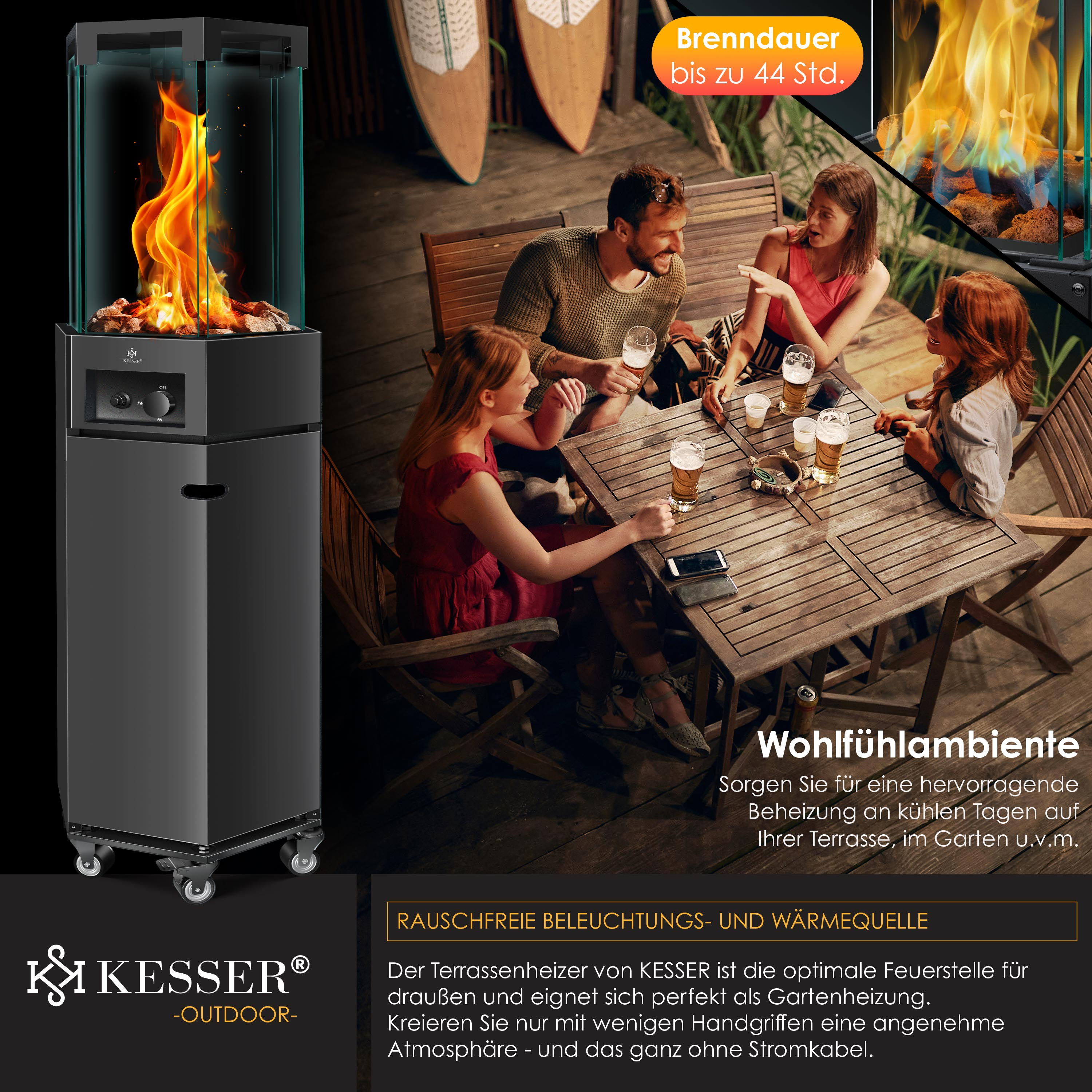 Ein KESSER-Terrassenheizer mit offener Flamme und eine Gruppe, die auf einer Terrasse am Holztisch sitzt und trinkt.