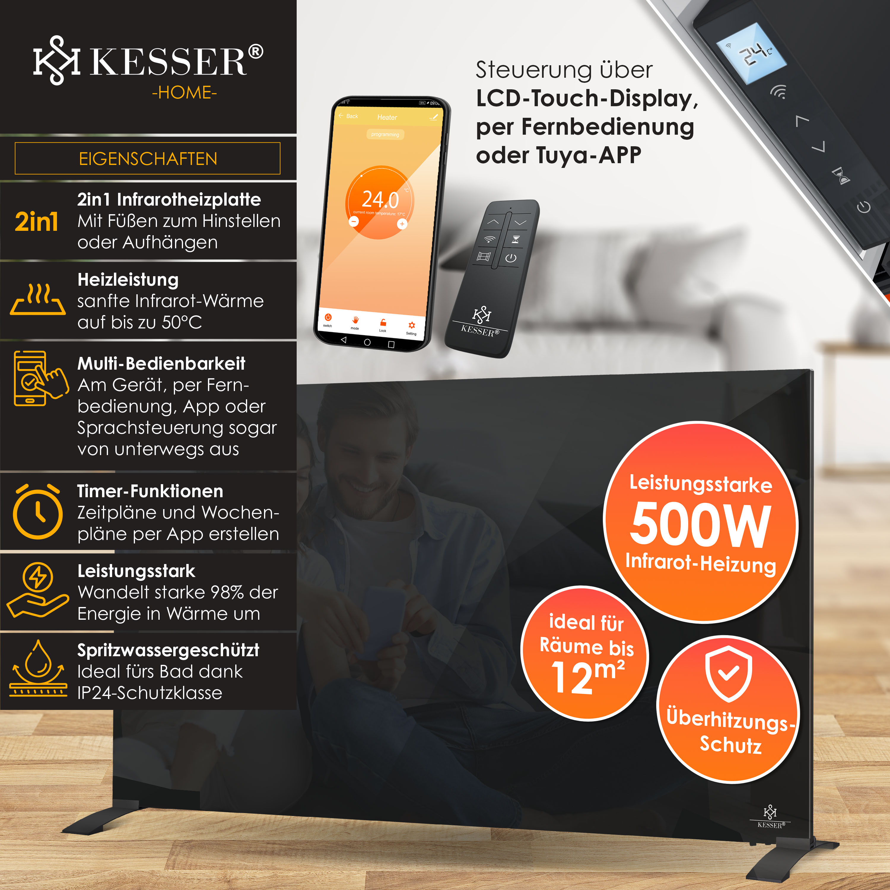 Kesser Infrarotheizung mit 500W, App-Steuerung, Fernbedienung und Display.
