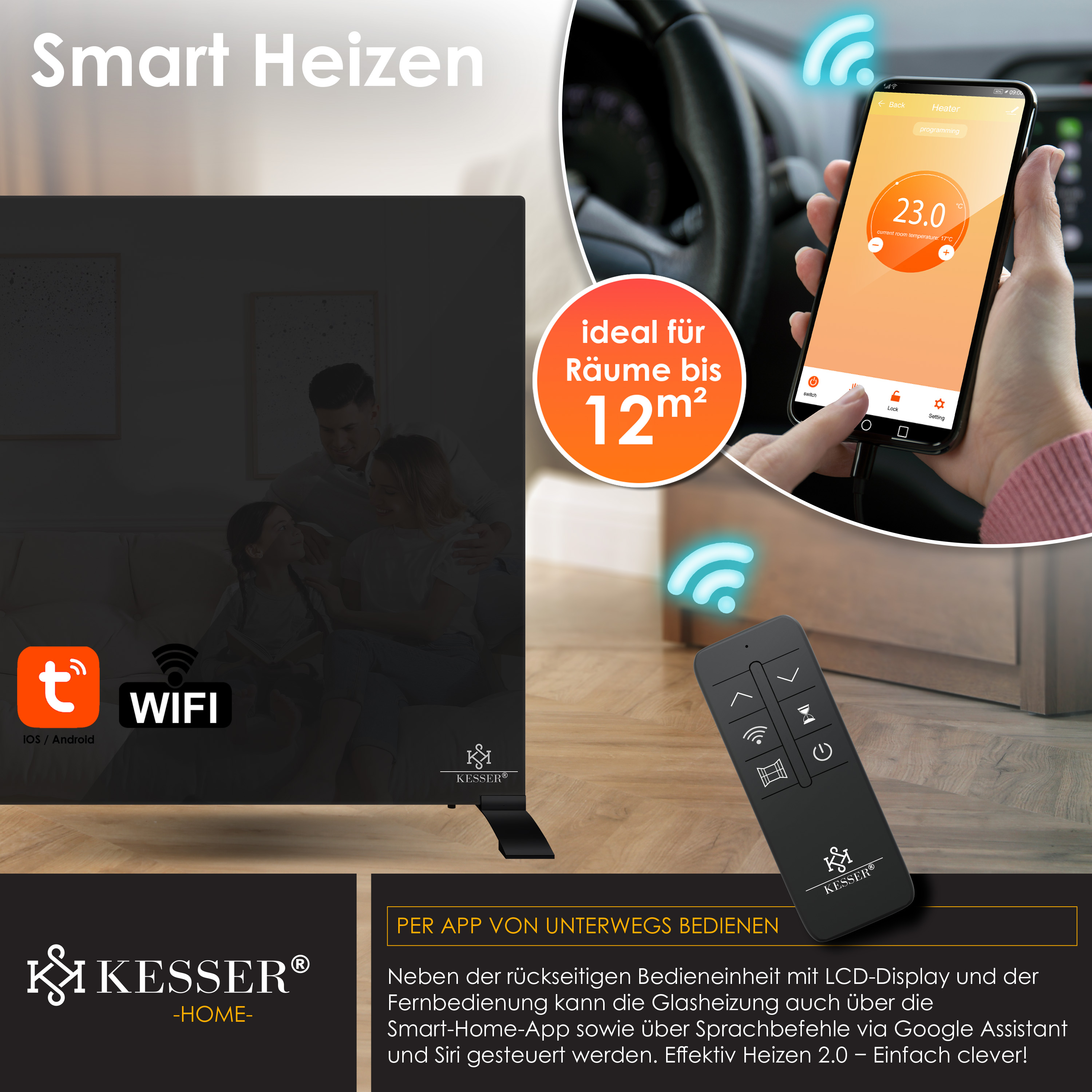 Smart-Heizung mit WLAN, steuerbar per App, Fernbedienung und Sprachbefehl für bis zu 12m².