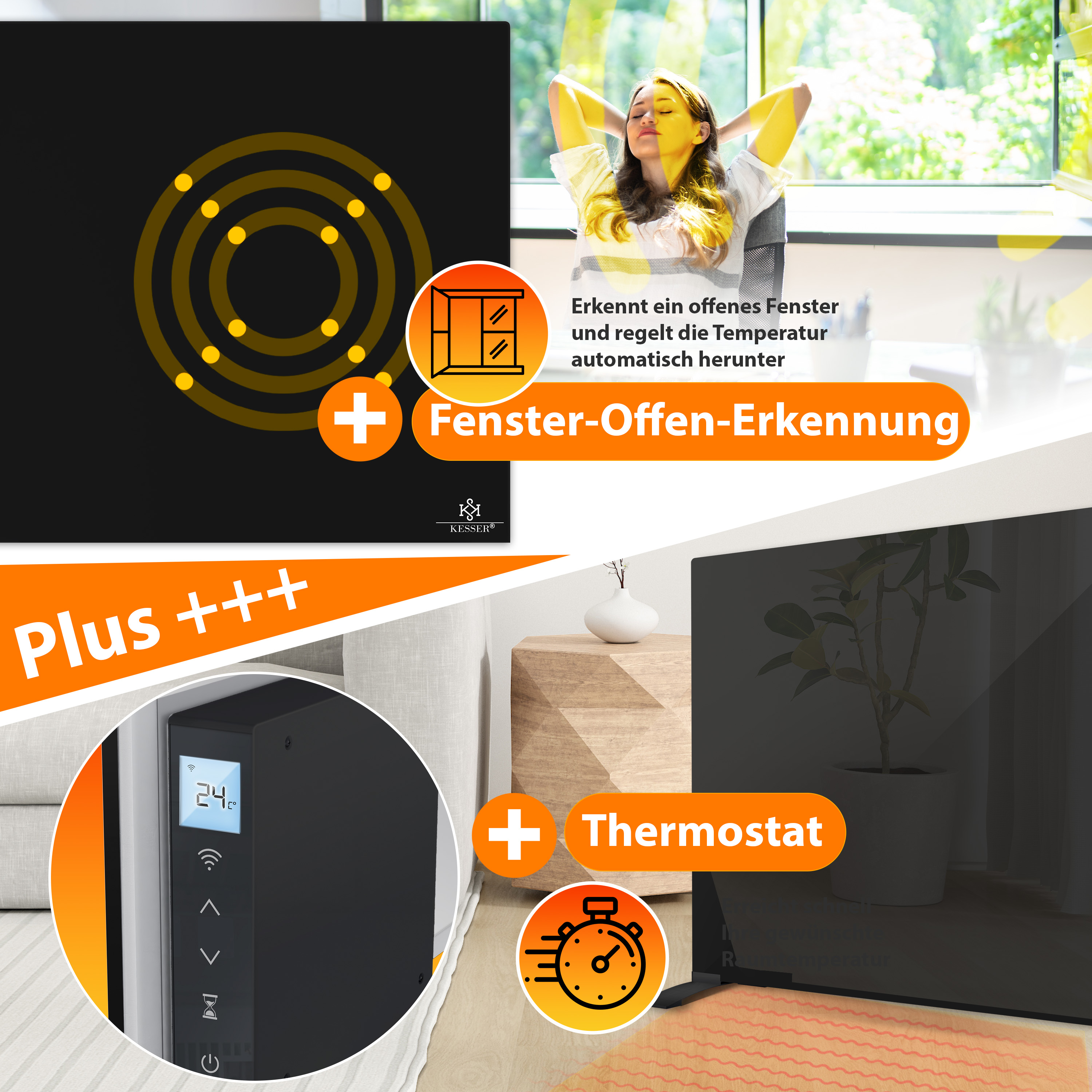 Heizkörper mit Thermostat und offener Fenstererkennung. Eine Frau sitzt entspannt am offenen Fenster.