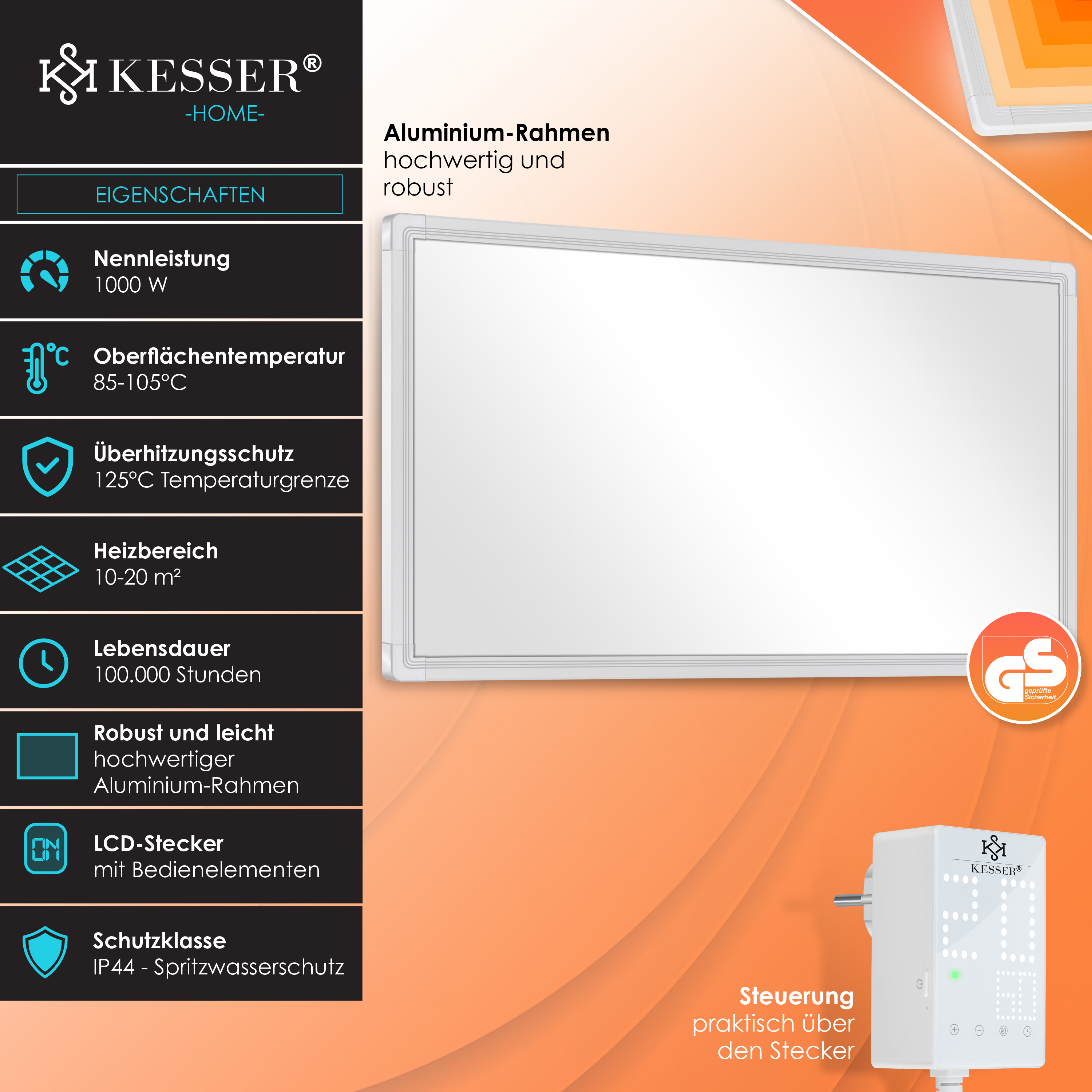 Kesser Infrarotheizung mit Eigenschaften und LCD-Stecker auf orangefarbenem Hintergrund.