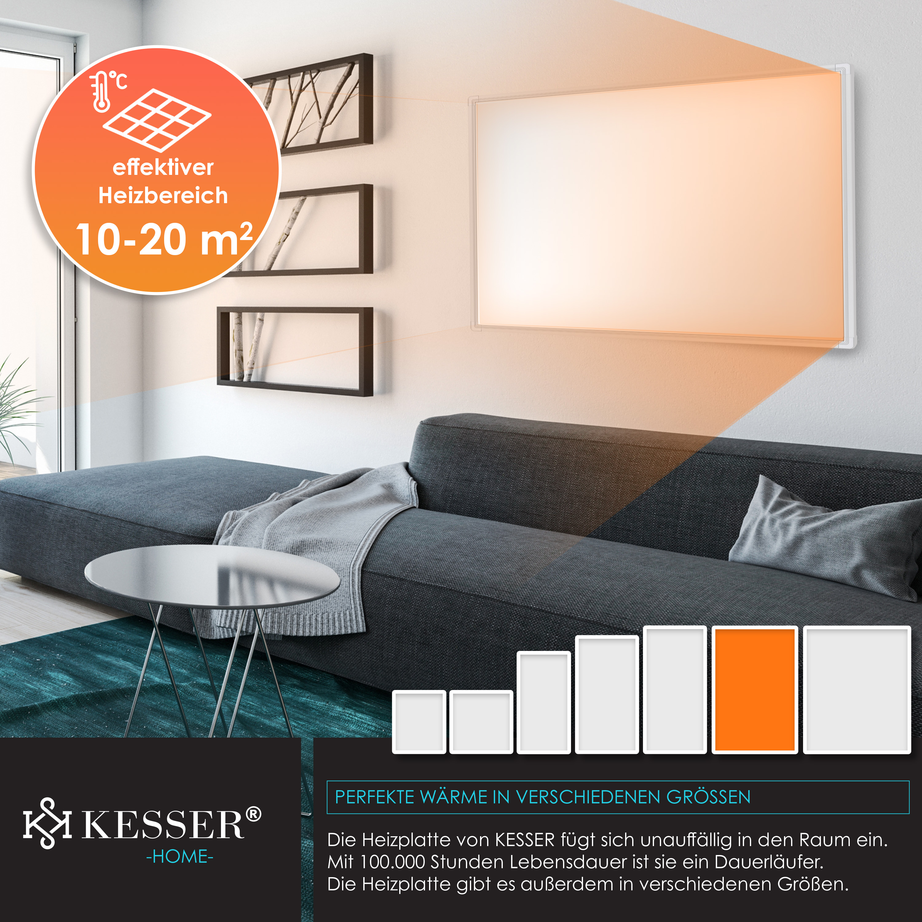 Ein KESSER Infrarot-Heizpaneel an einer Wohnzimmerwand über einem grauen Sofa, mit Grafiken zu Heizbereich und Text.