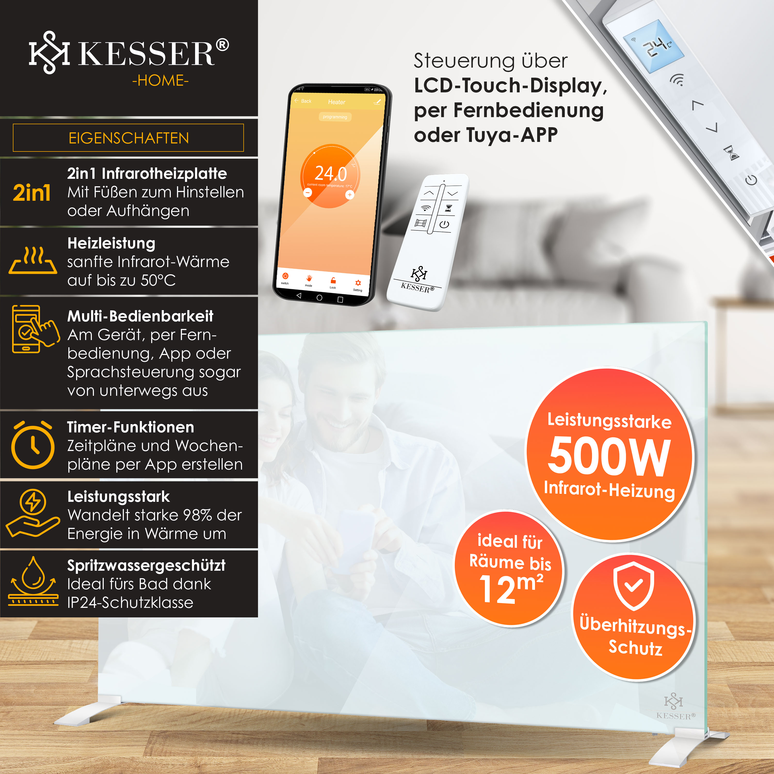 Kesser Infrarotheizung mit App-Steuerung, Fernbedienung und 500W Leistung vor einem unscharfen Wohnzimmerhintergrund.