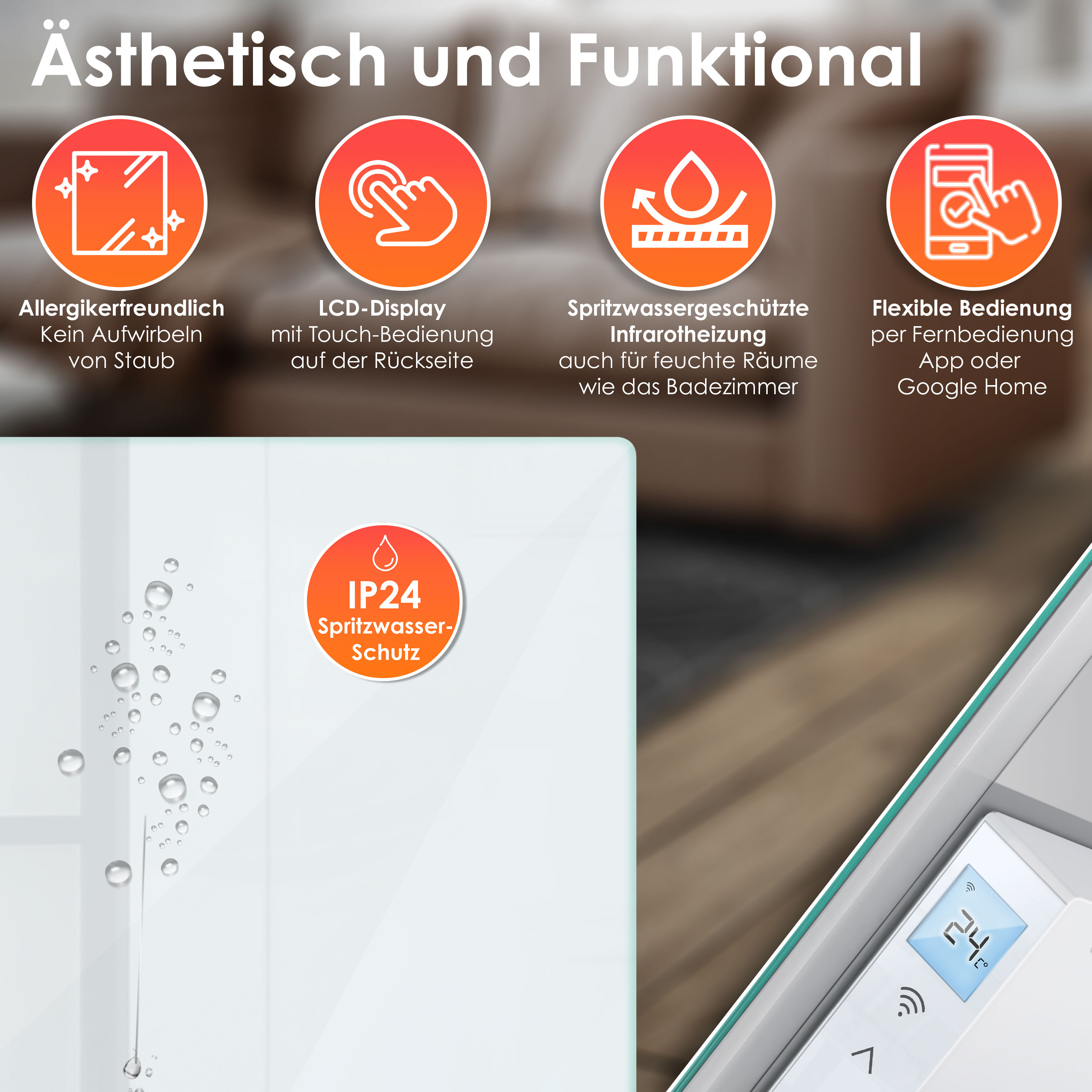 Produktmerkmale einer Infrarotheizung mit Icons wie Allergikerfreundlich, Touch-Display, IP24 und App-Steuerung.