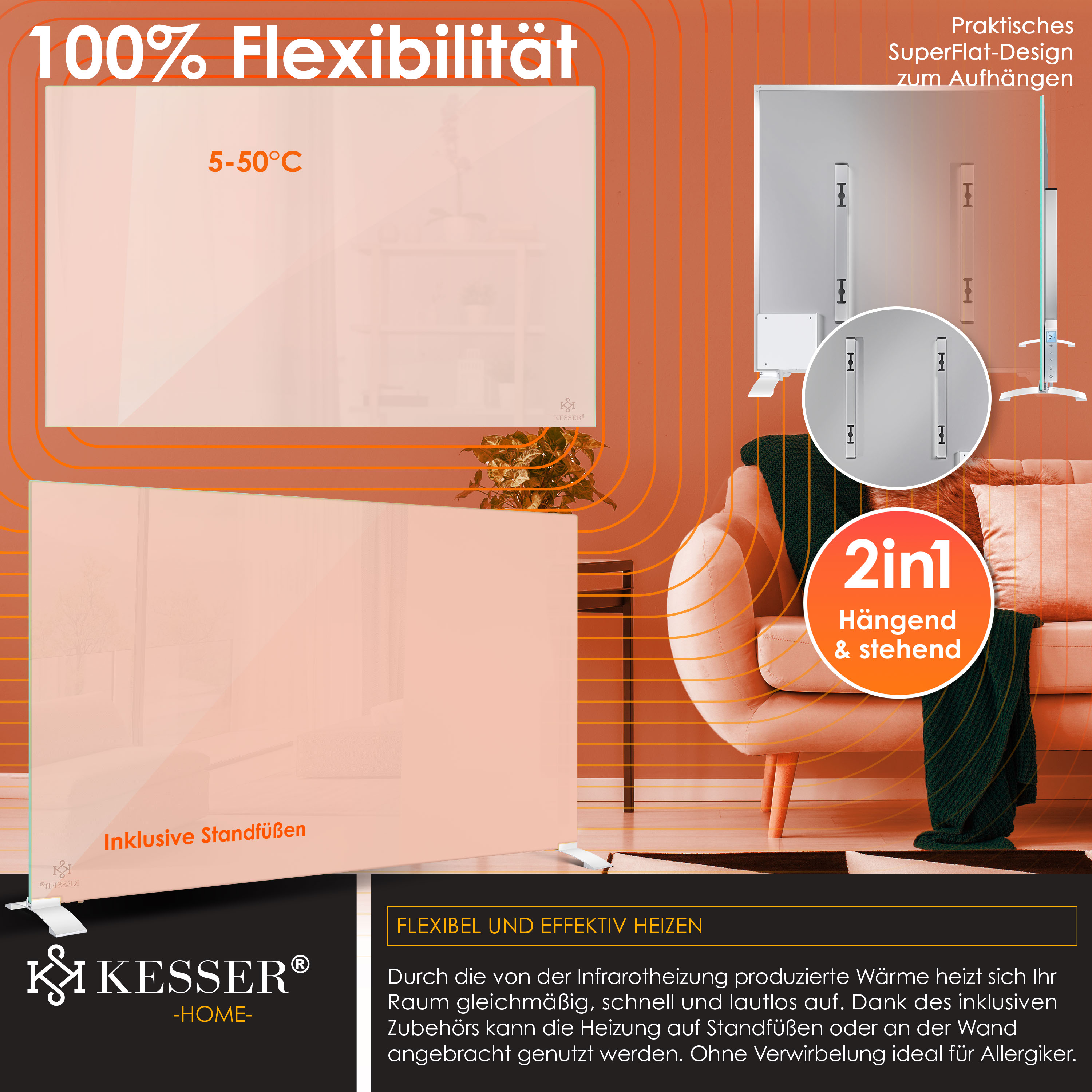 Kesser Infrarotheizung mit 2in1 Funktion zum Hängen und Stehen vor einer orangefarbenen Wand.