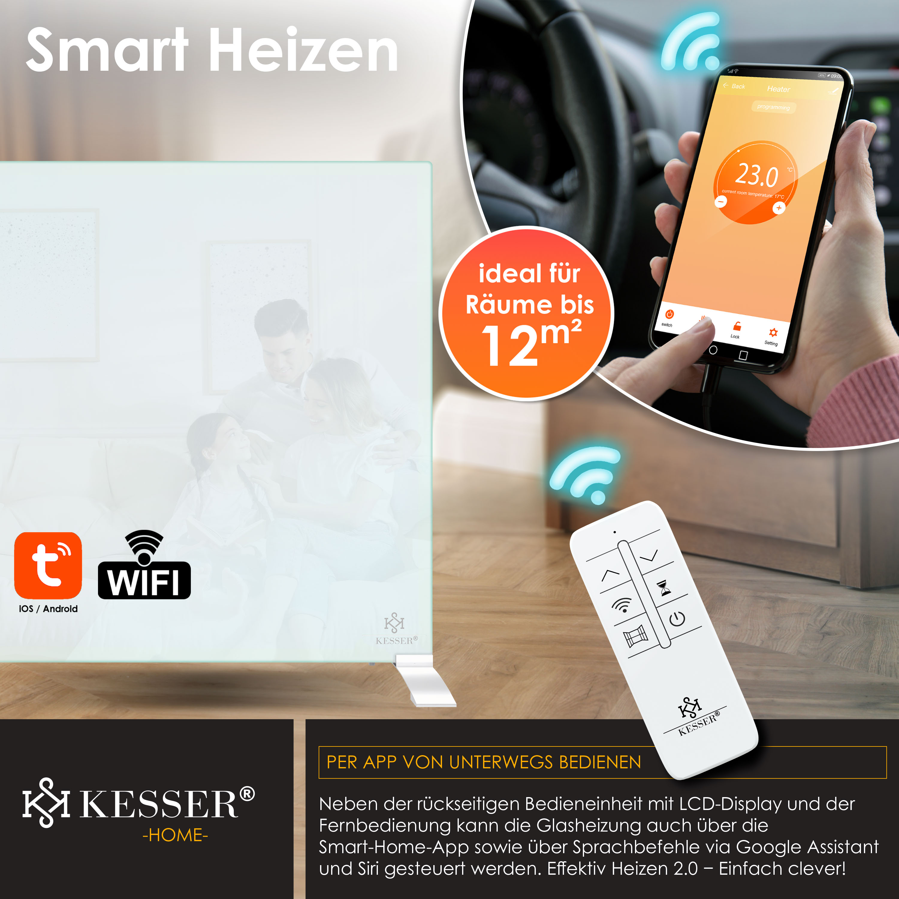Kesser Glasheizung, steuerbar per App, Fernbedienung und Smart Home, ideal für Räume bis 12qm.