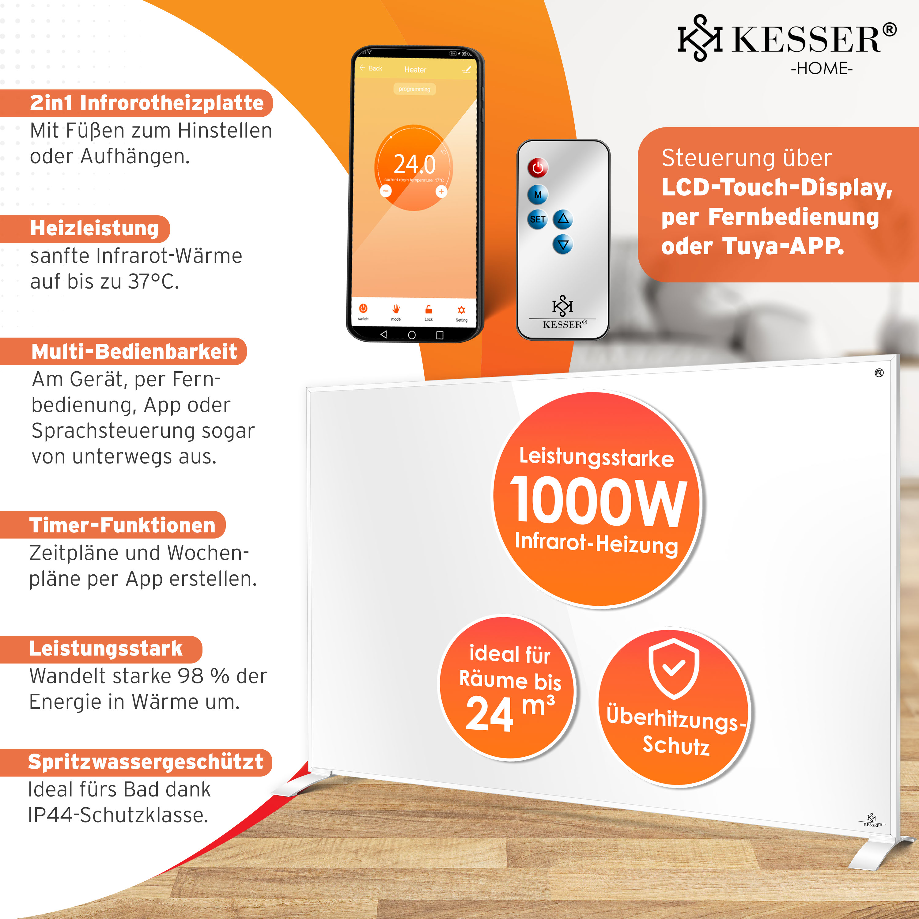 Kesser Infrarotheizung mit App-Steuerung, Fernbedienung, LCD-Display, 1000W Leistung und Überhitzungsschutz.