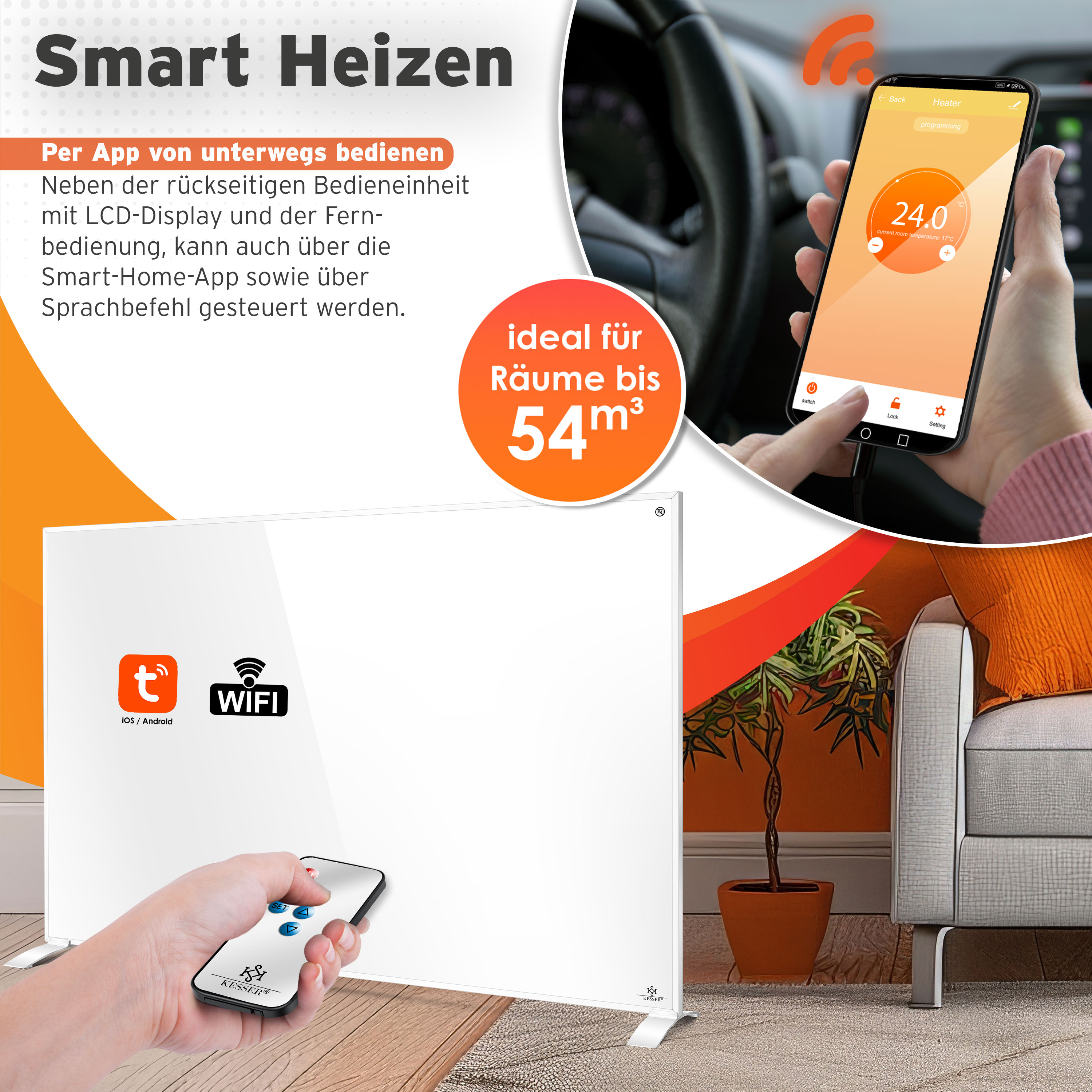 Ein weißes Smart-Heizpaneel wird per Smartphone-App und Fernbedienung gesteuert, in modernem Wohnzimmer.