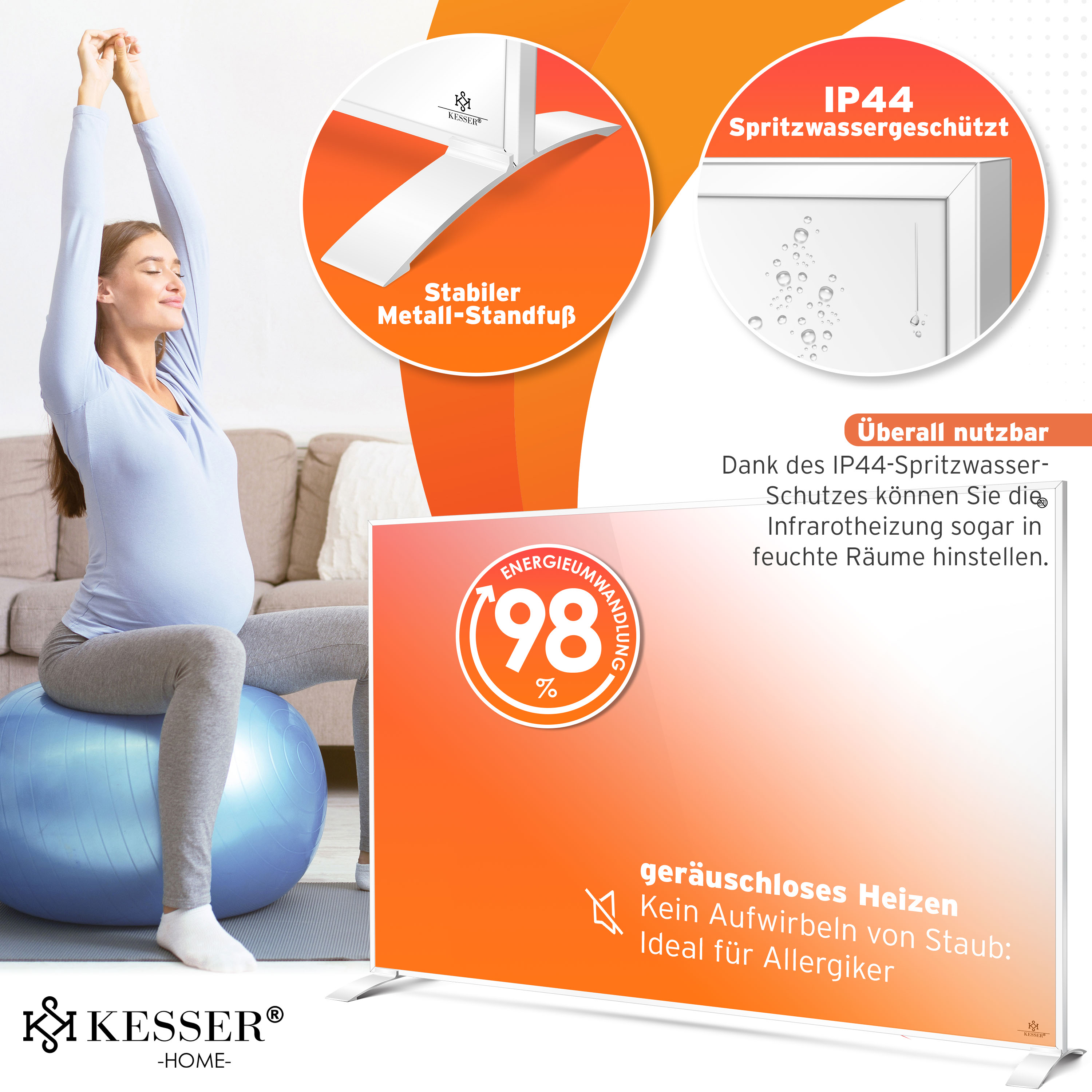 Infrarotheizung mit Metallstandfuß, spritzwassergeschützt und geräuschlos, neben einer Frau auf einem Gymnastikball.