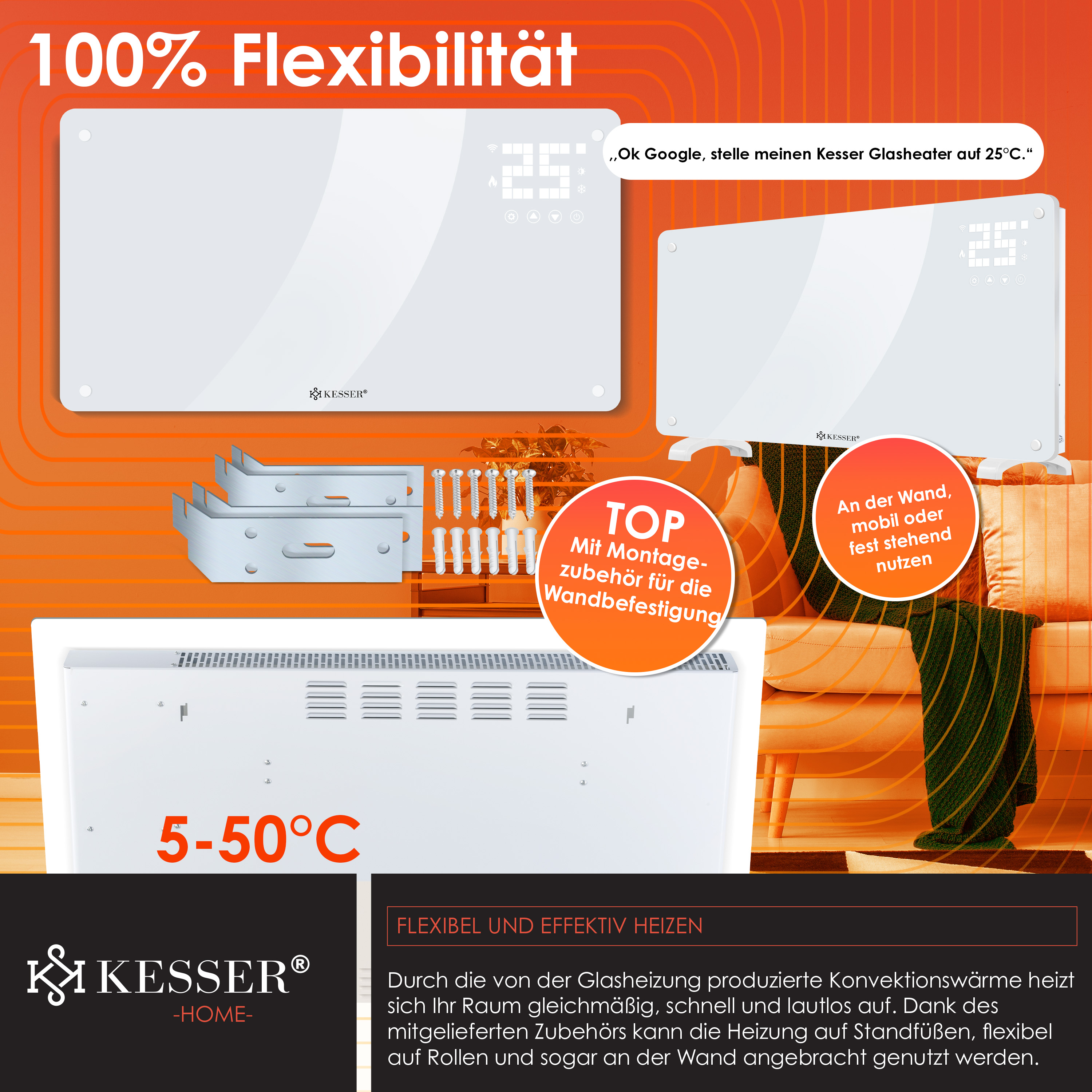 Weißer KESSER Glasheizer mit Montagezubehör, Digitaldisplay und Text zu flexibler Nutzung und Heizung.