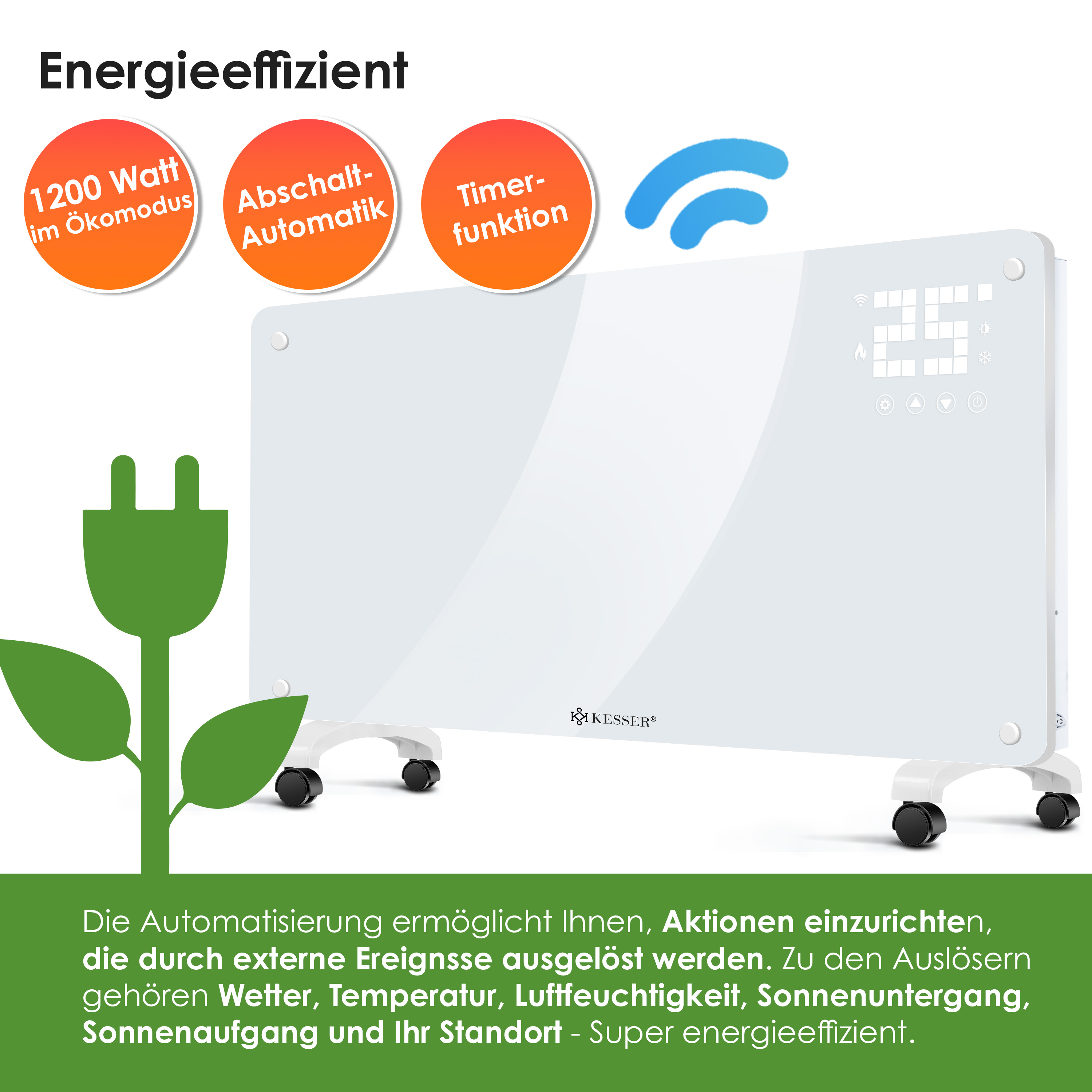 Weißer Elektroheizkörper mit Rollen, digitalem Display und Texten über Energieeffizienz.