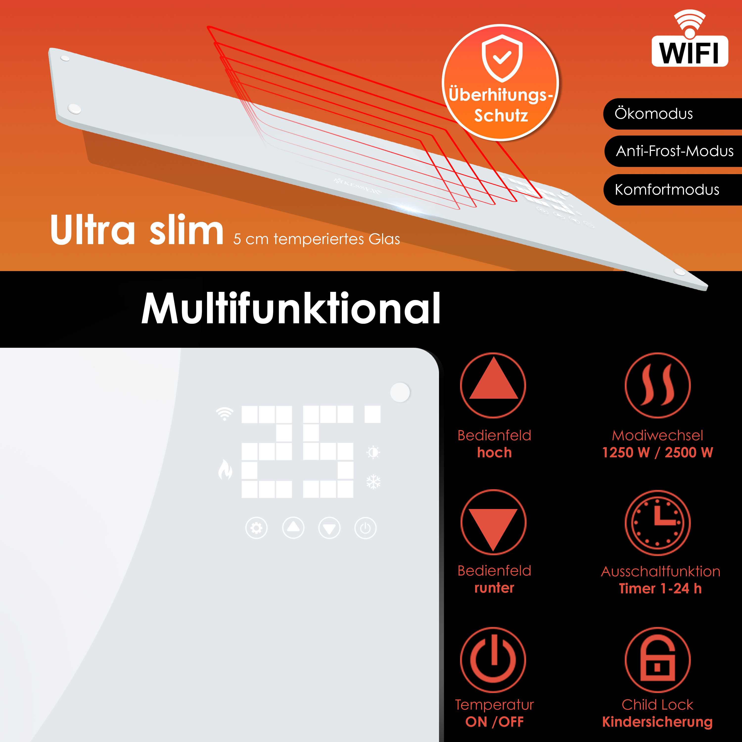 Werbebild für ein schmales, multifunktionales Glasheizgerät mit WLAN, digitalem Display und verschiedenen Modi.