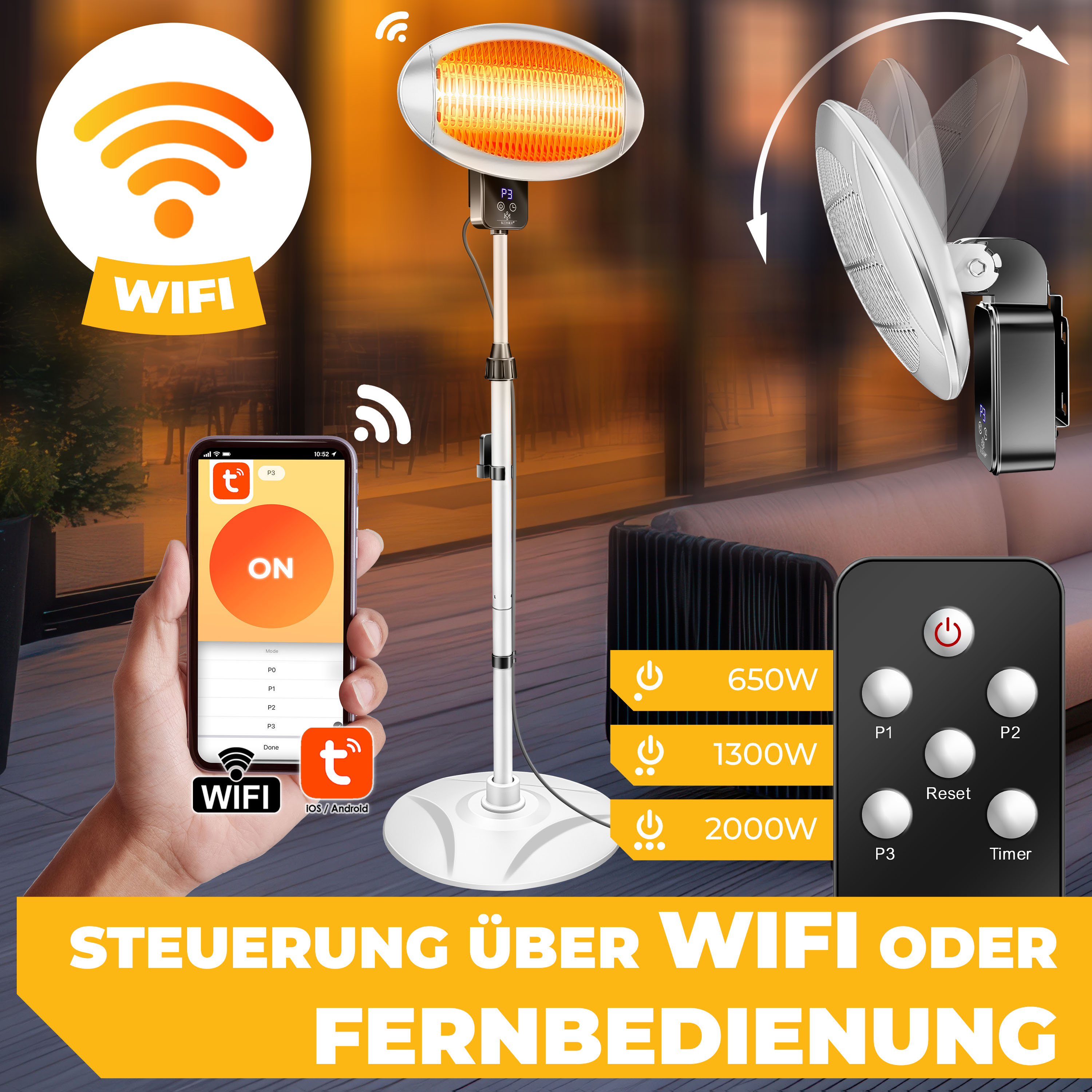 Standheizstrahler mit WLAN-Steuerung, App und Fernbedienung.
