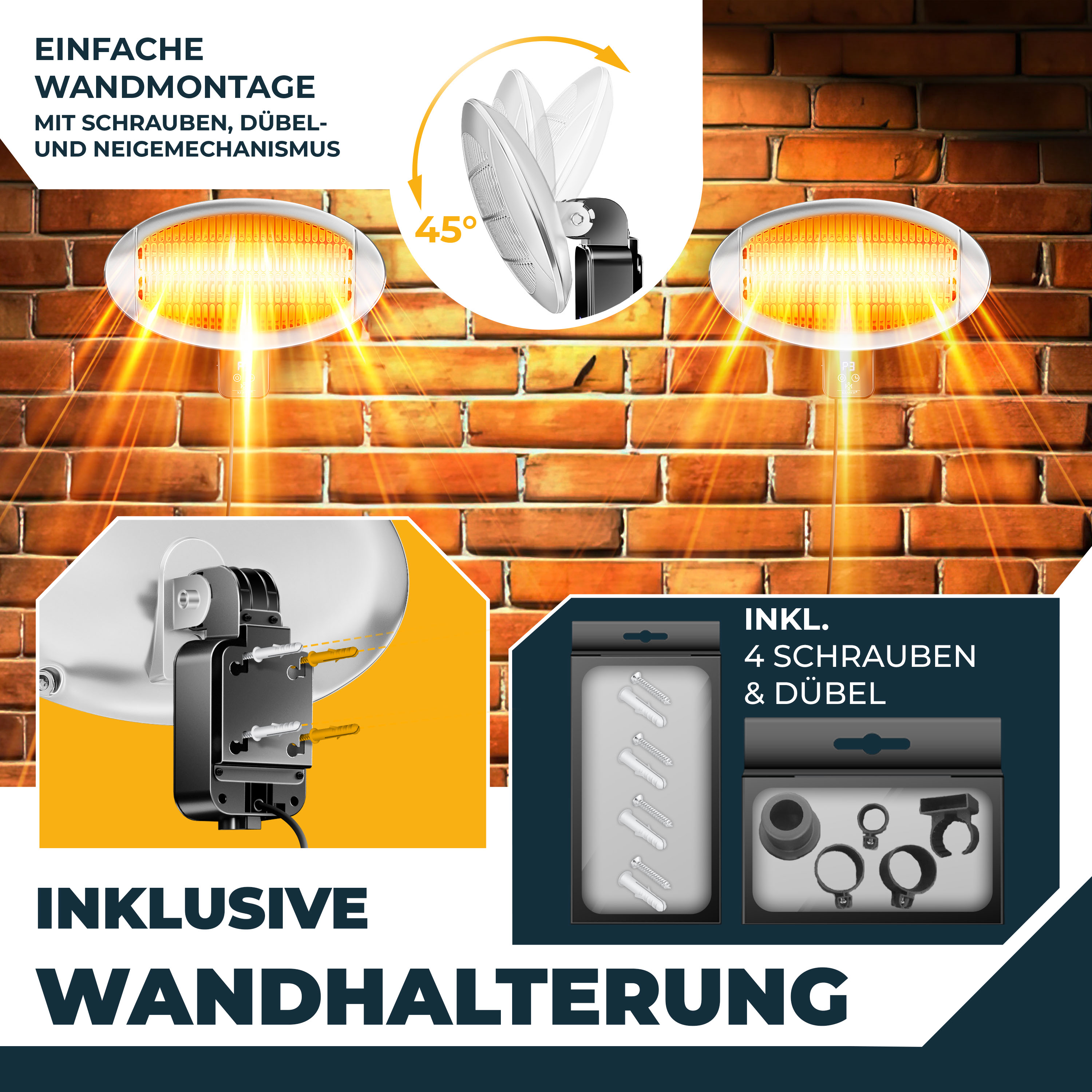 Wandheizstrahler vor Ziegelwand mit 45-Grad-Neigung und inkludiertem Montagematerial.