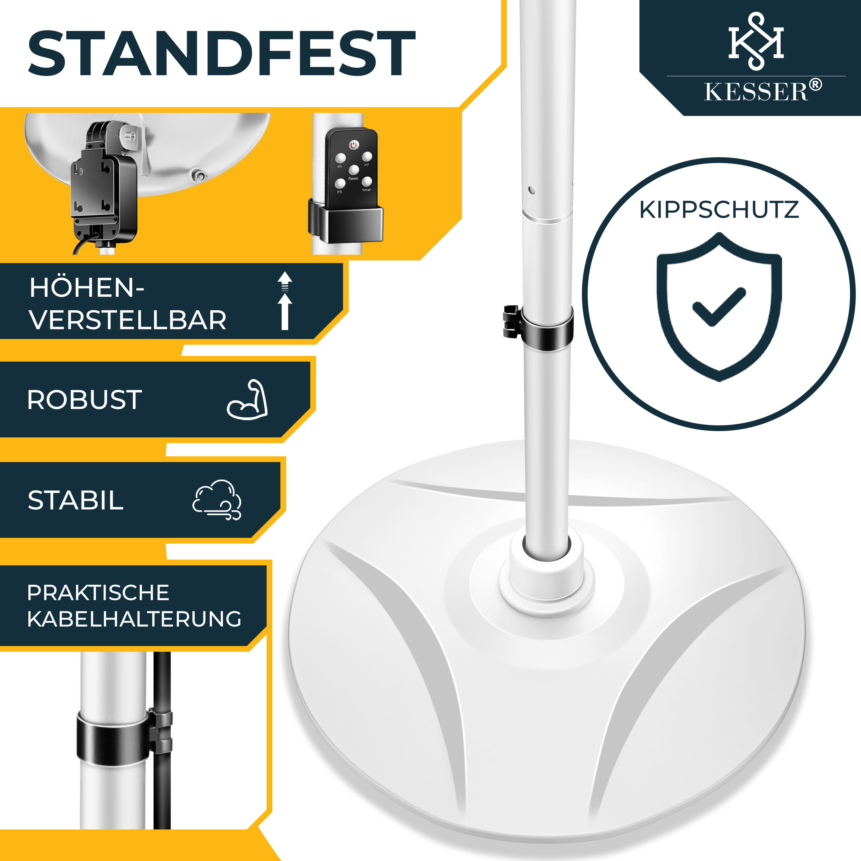 Produktgrafik zeigt die Standfestigkeit und Stabilität des weißen Kesser Heizstrahler-Stativs mit breitem runden Fuß.