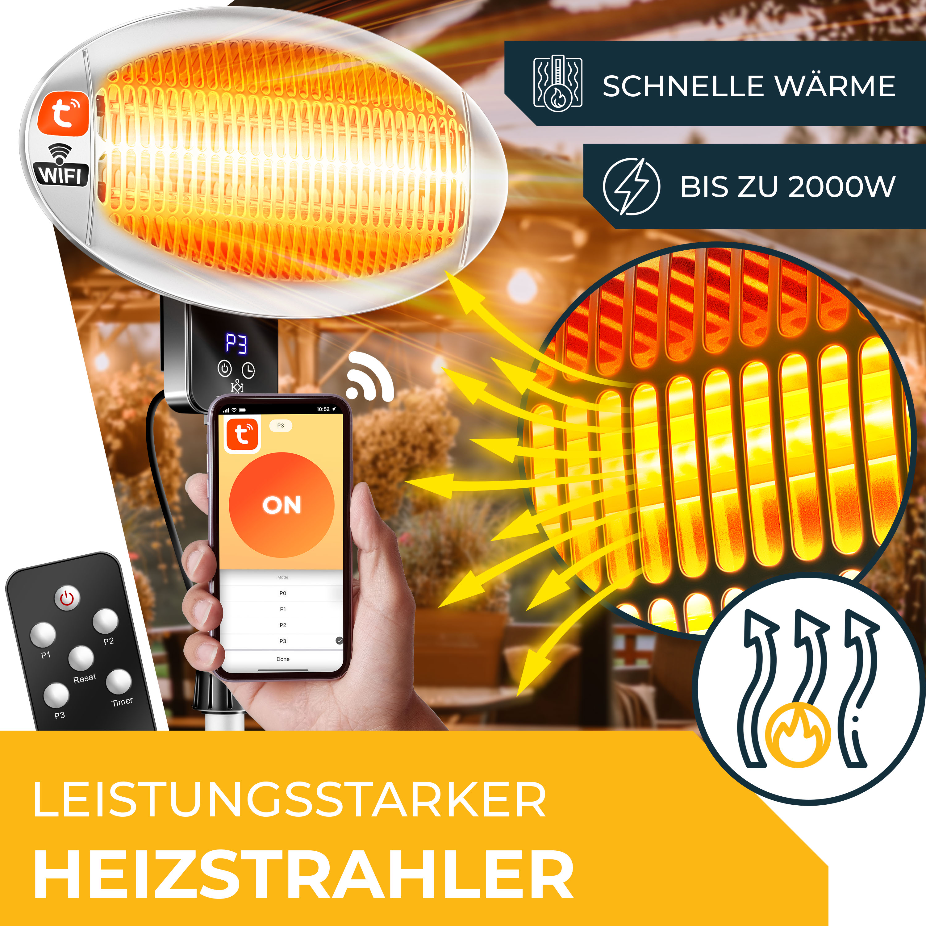 Leistungsstarker Infrarot-Heizstrahler mit Smartphone-Steuerung, Fernbedienung und 2000W Leistung.