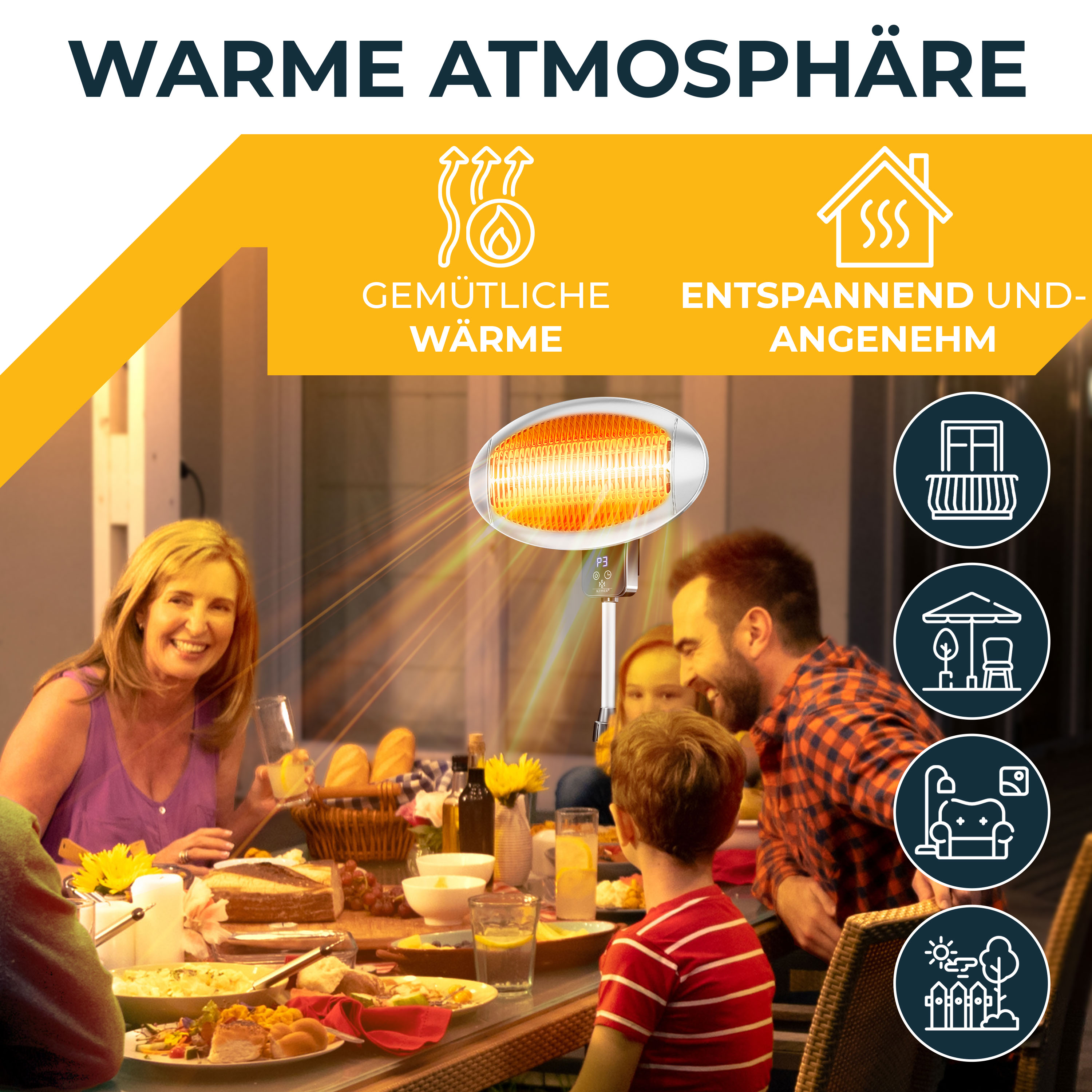 Eine Familie sitzt abends am Tisch, während ein Infrarot-Heizstrahler für warme und gemütliche Atmosphäre sorgt.
