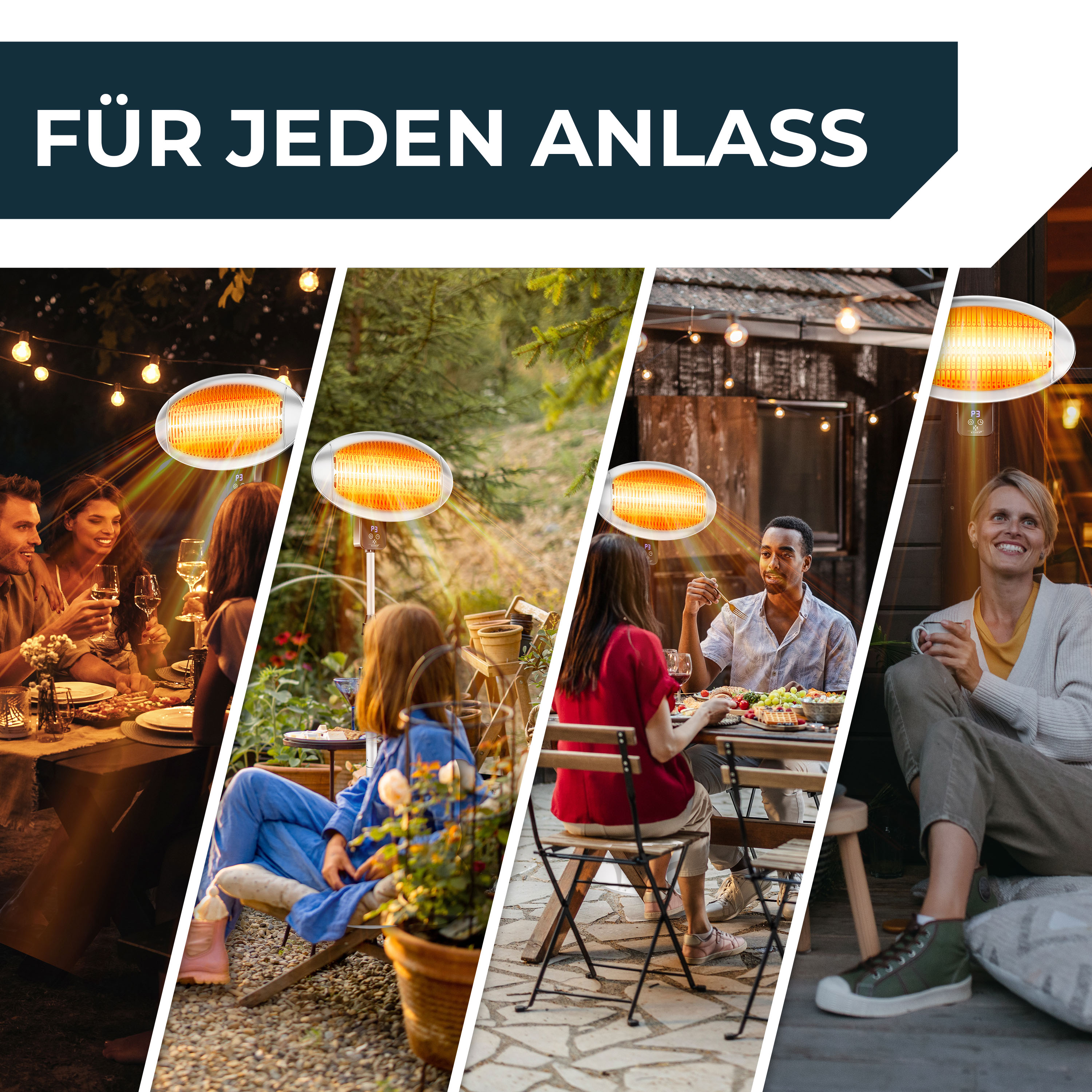Vier Bilder zeigen Menschen, die draußen an Tischen sitzen oder entspannen, jeweils beleuchtet von Heizstrahlern.