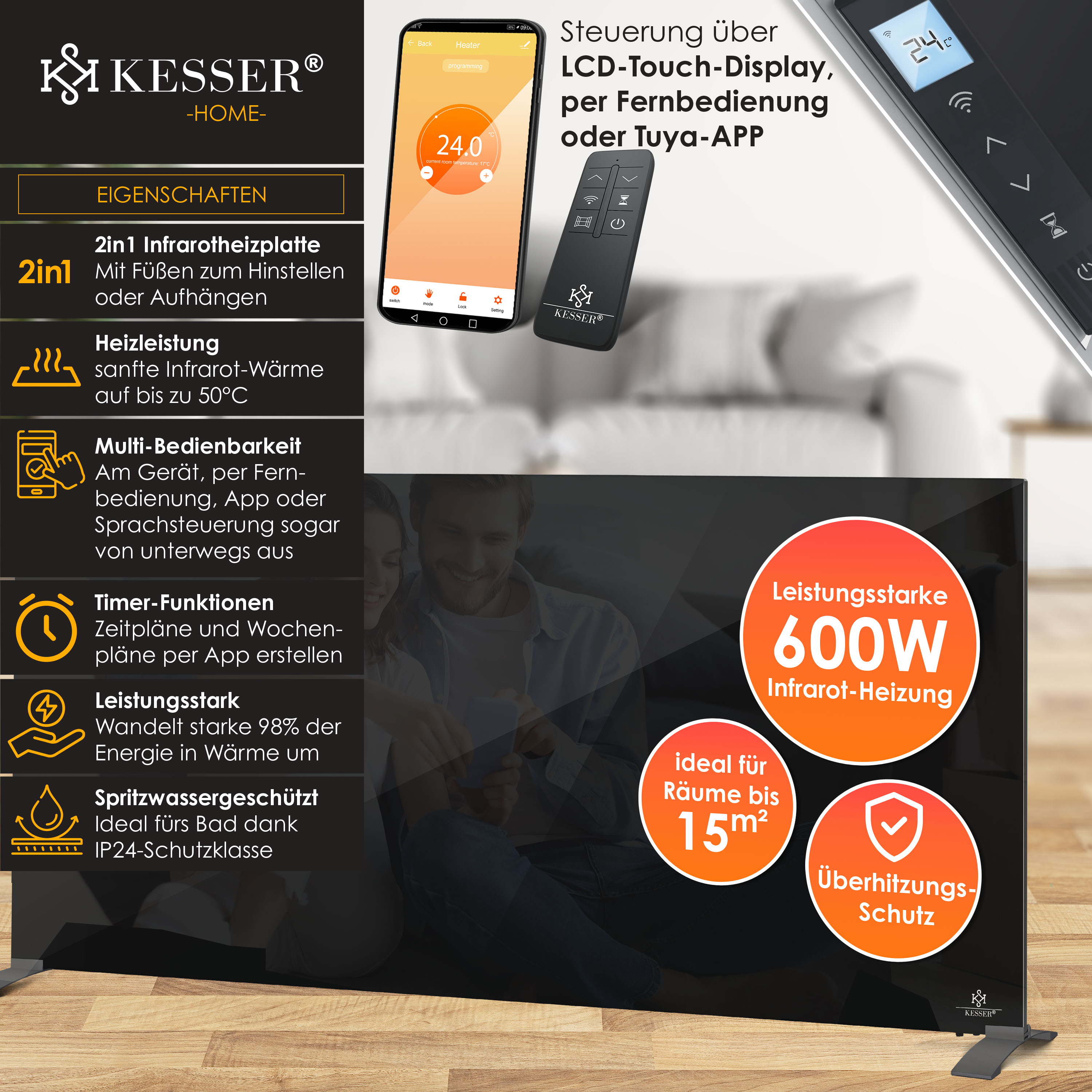 Kesser Infrarotheizung 600W mit App-, Fernbedienung- und Display-Steuerung.