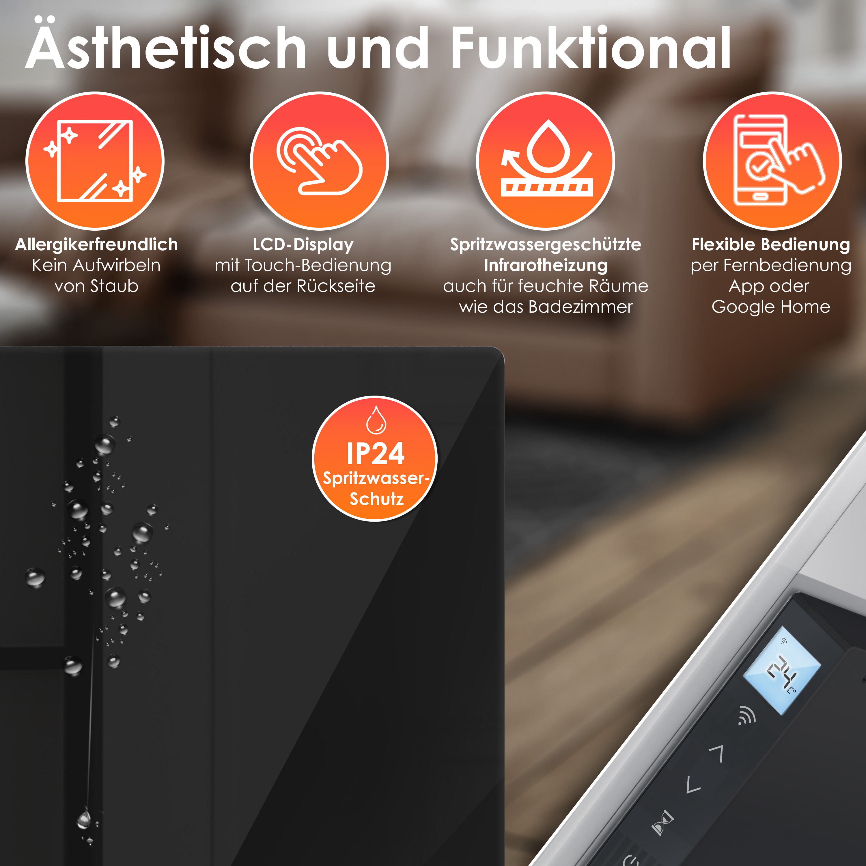 Infografik zeigt Heizungsfunktionen mit vier Icons und Text über unscharfem Wohnzimmer-Hintergrund.