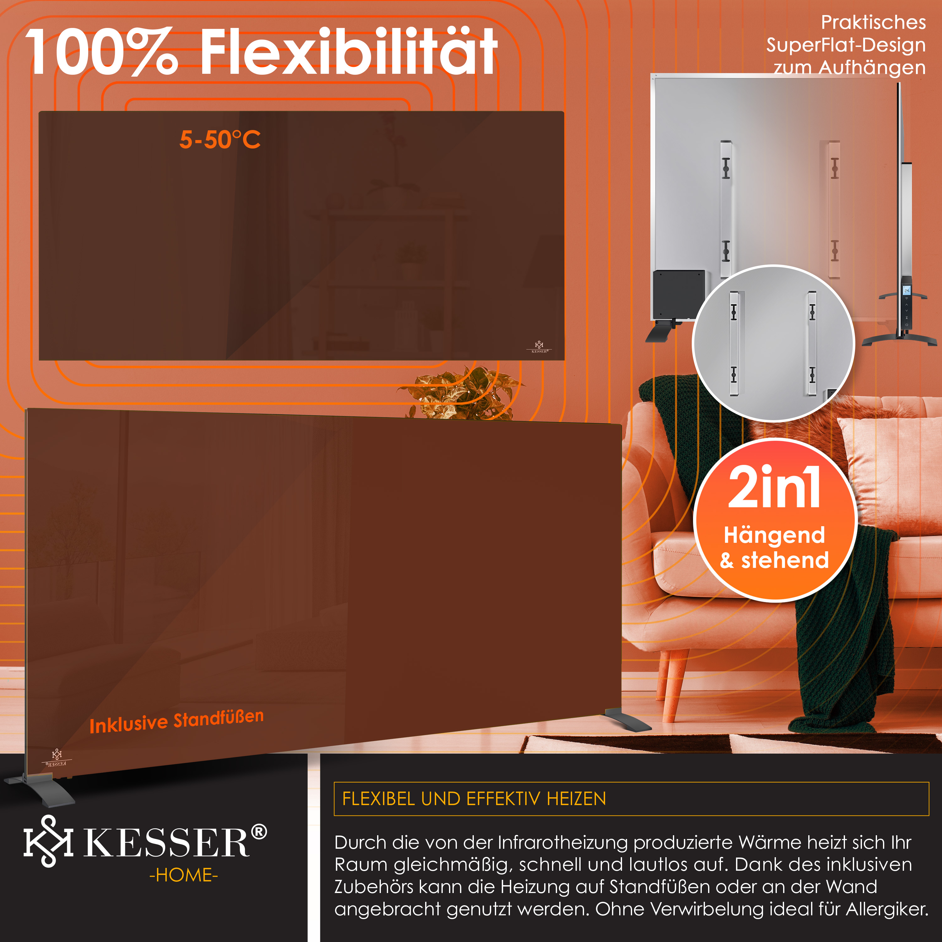 Kesser Infrarotheizung mit Infrarotwärme und flexiblem Design zum Hinstellen oder Aufhängen.